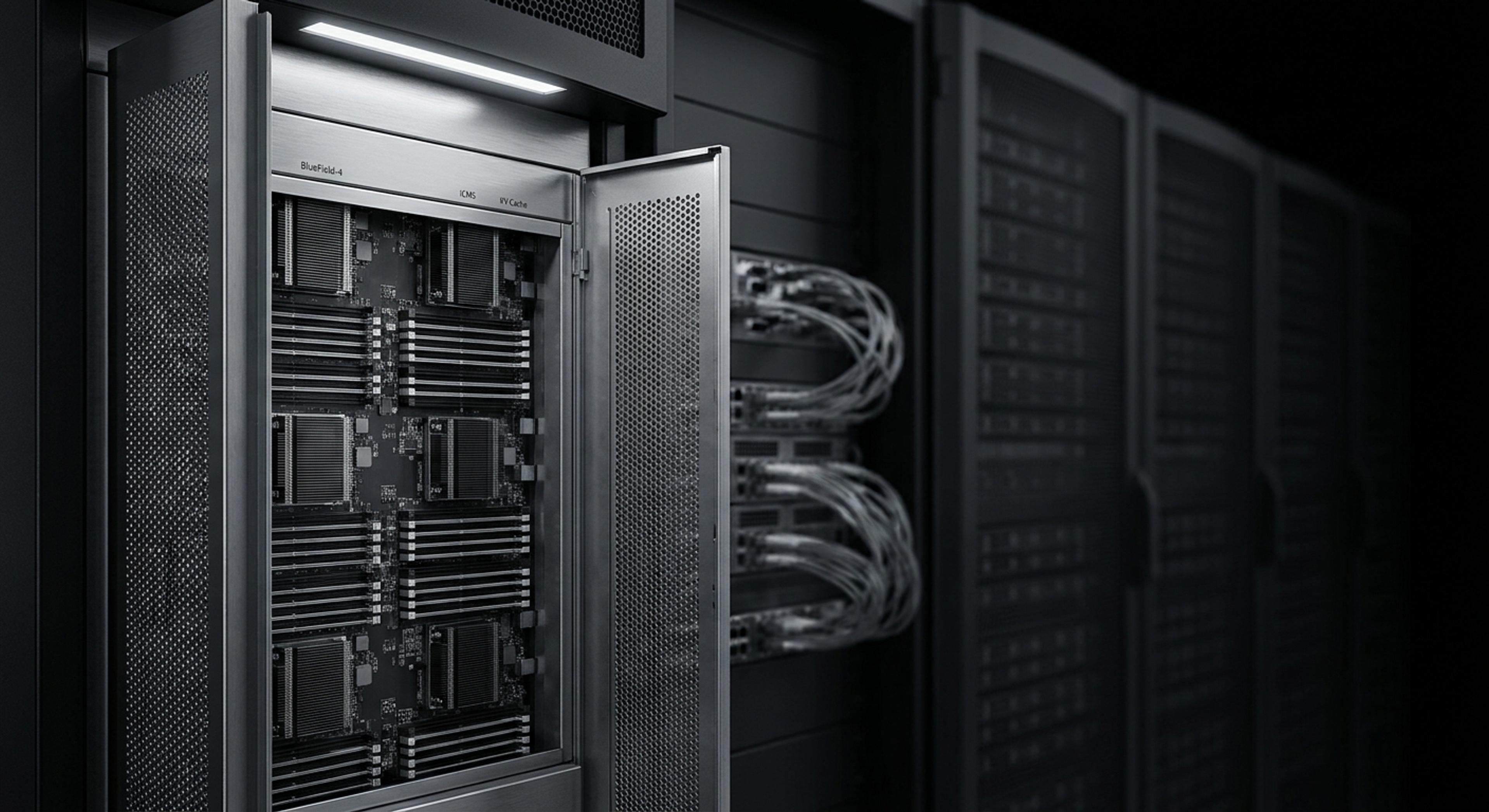 An open server rack displaying computing modules, with a row of other server racks in a dimly lit data center.