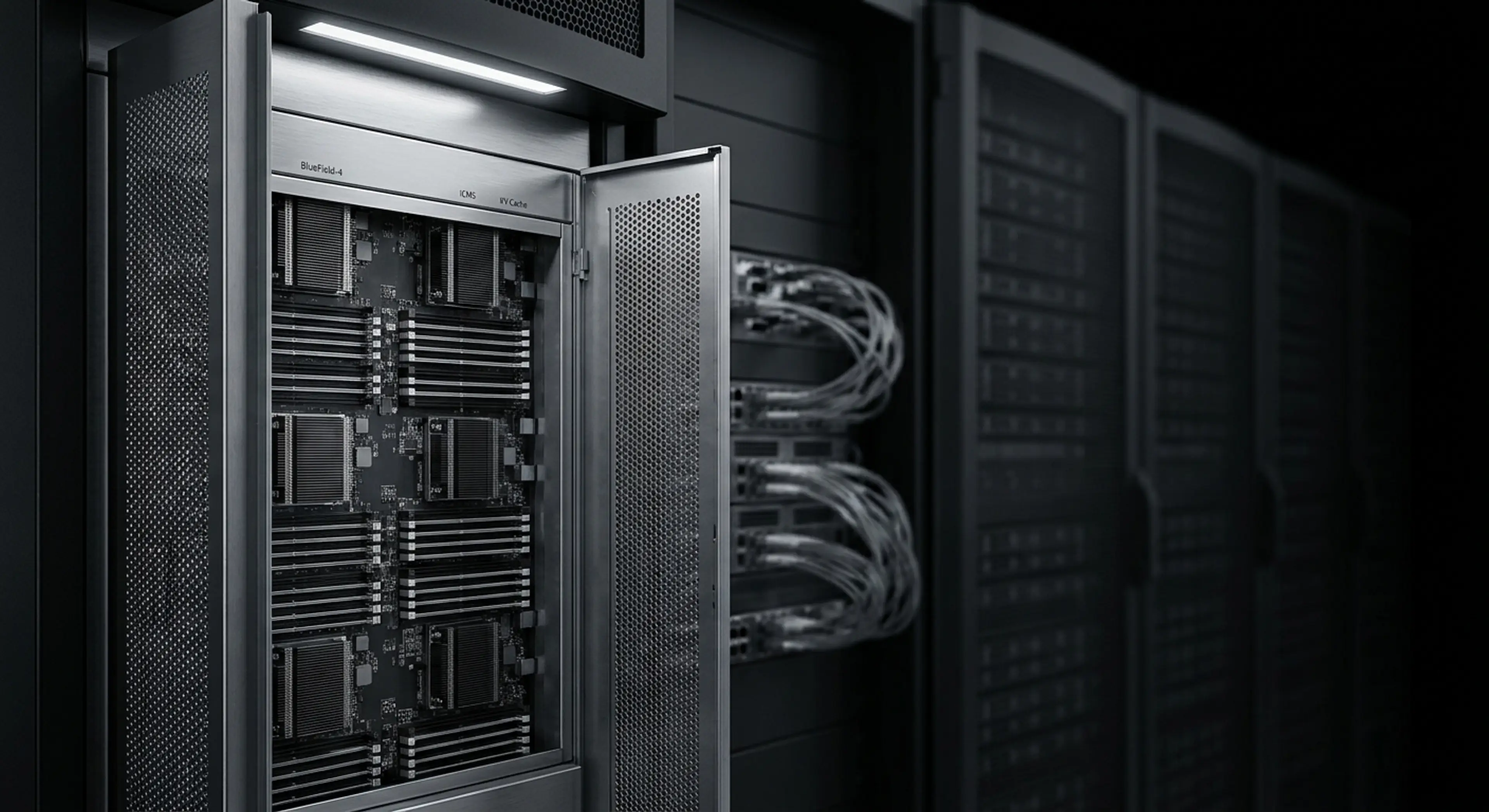 An open server rack displaying computing modules, with a row of other server racks in a dimly lit data center.