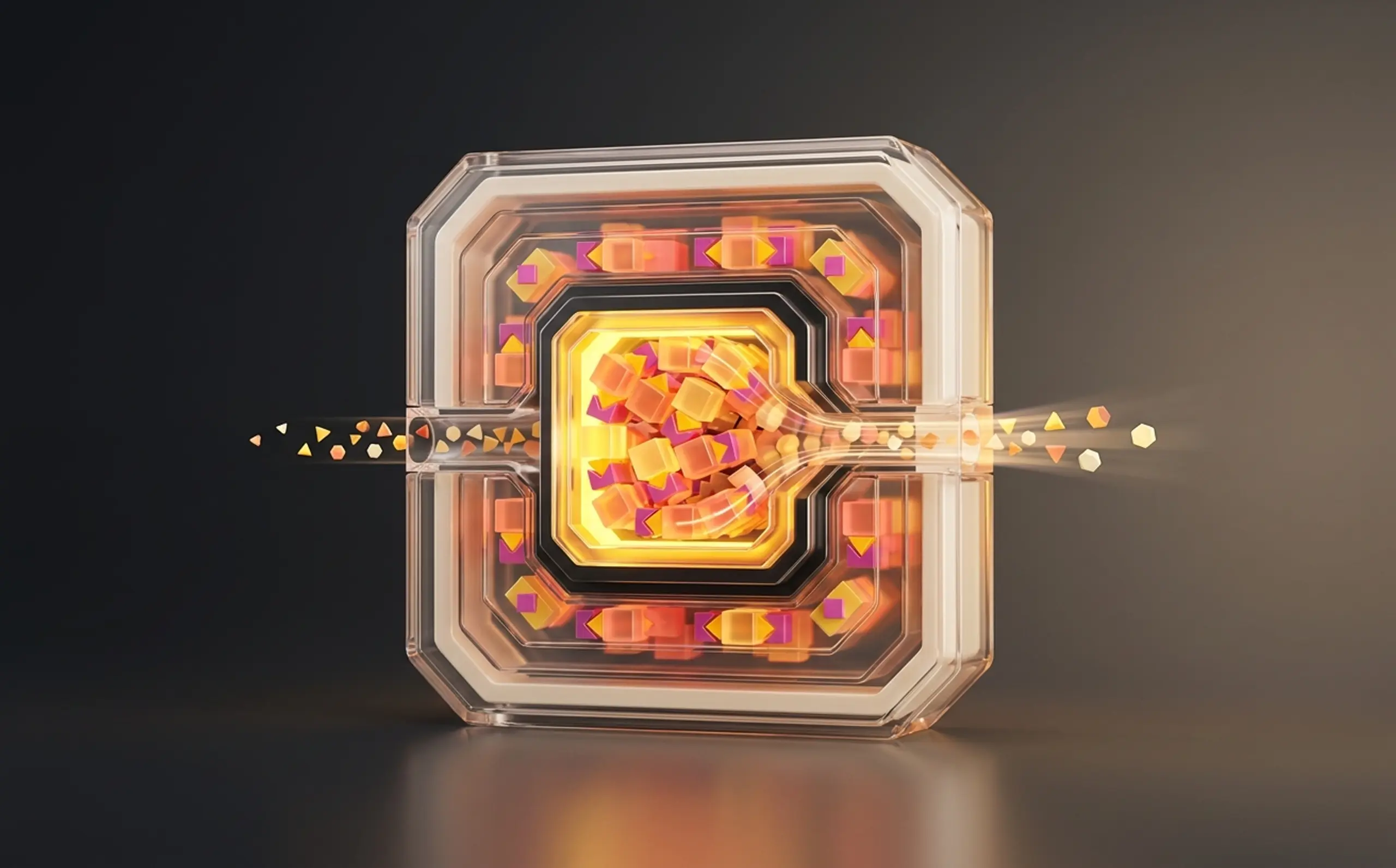 A clear square device with a glowing orange core and geometric particles flowing through it.