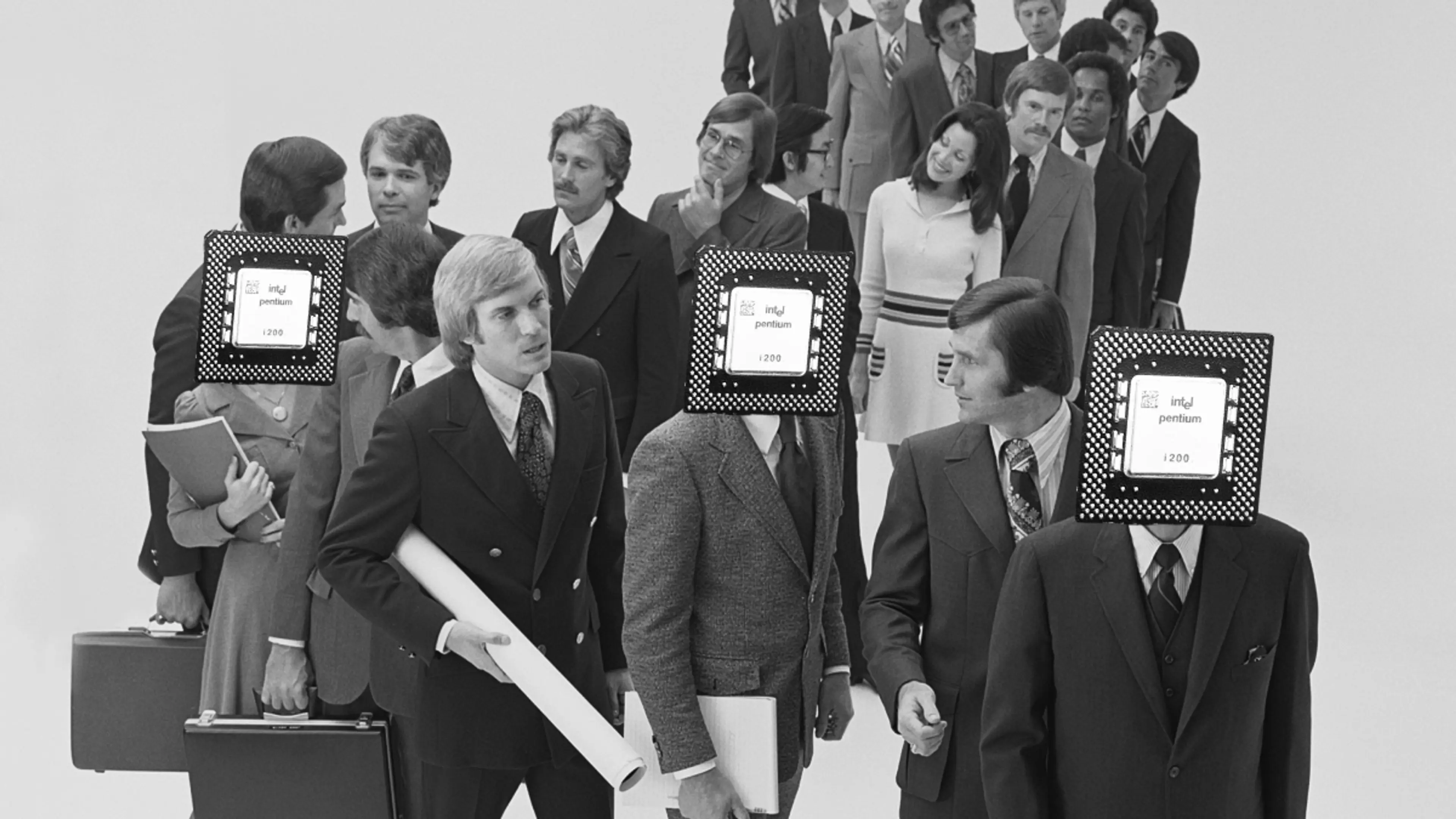Black and white photo of business people in a queue, some with Intel Pentium 120 chips as heads.