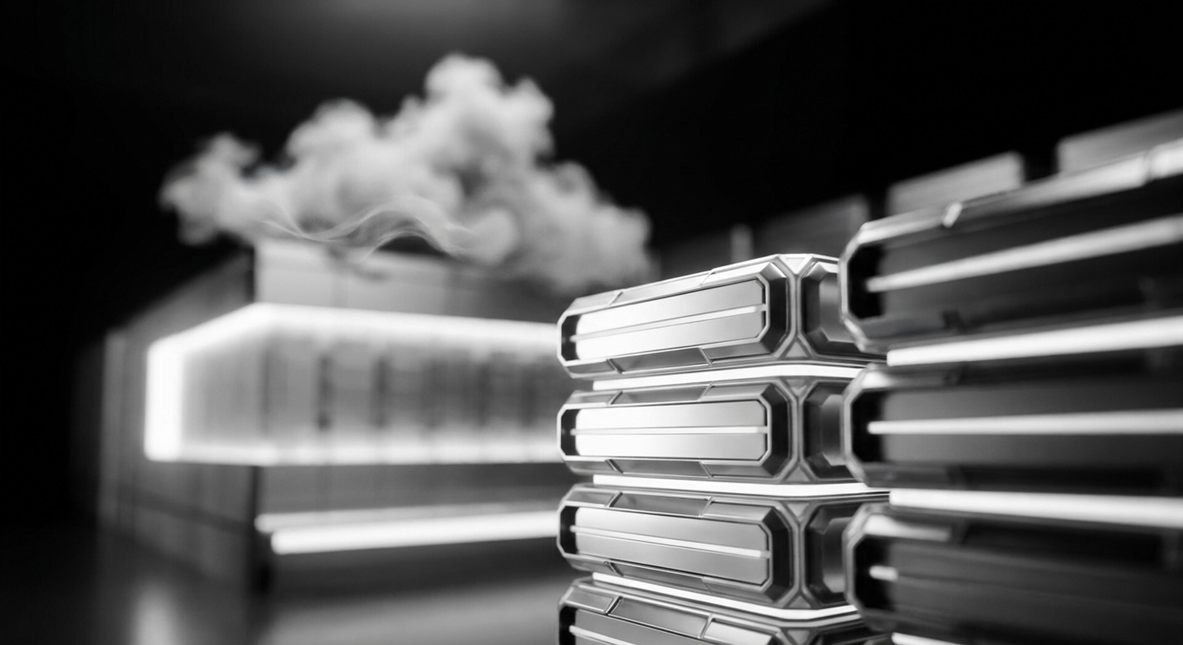 Monochrome image of futuristic server modules with a glowing data center in the background emitting a cloud of smoke.
