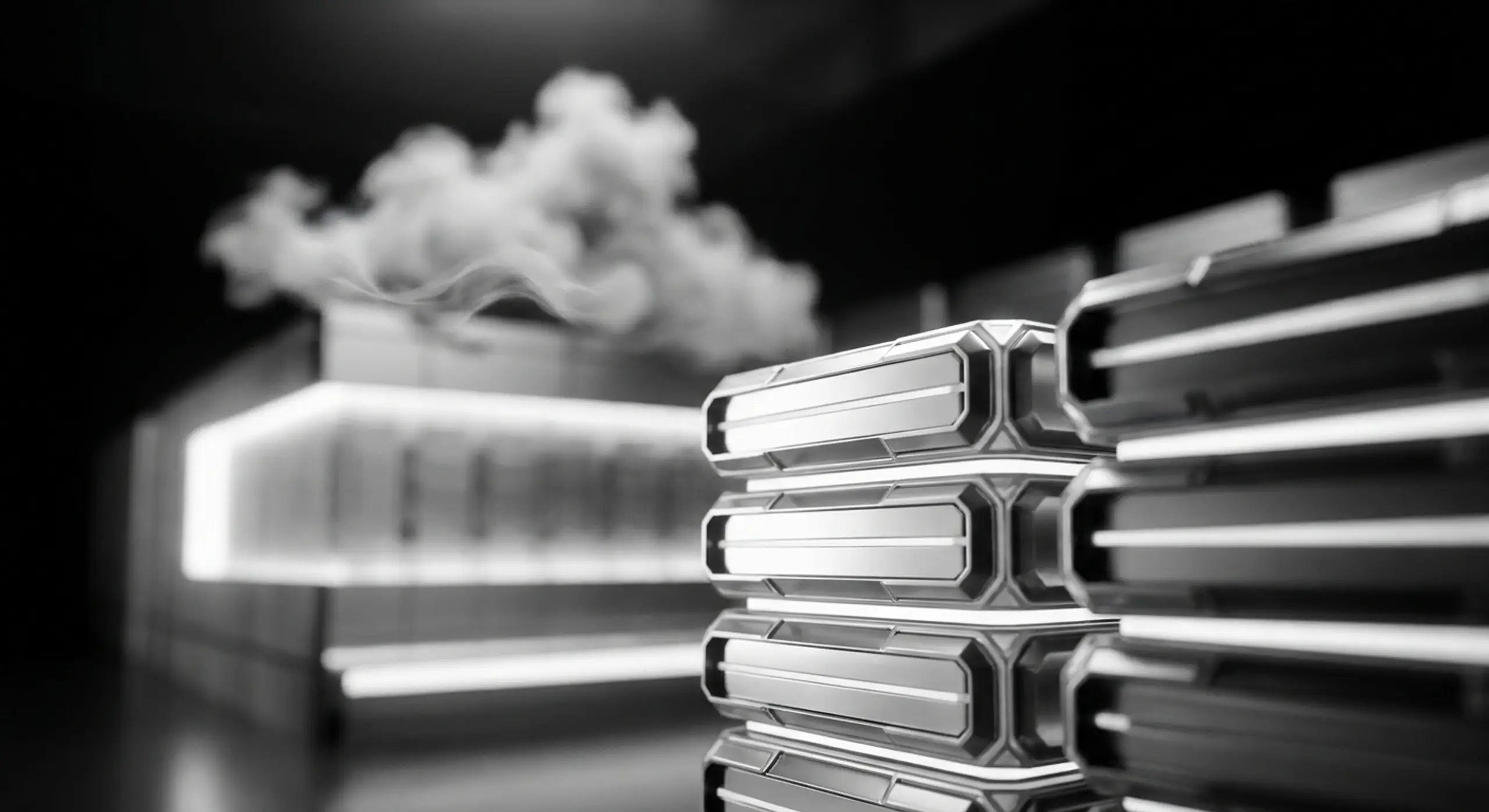 Monochrome image of futuristic server modules with a glowing data center in the background emitting a cloud of smoke.