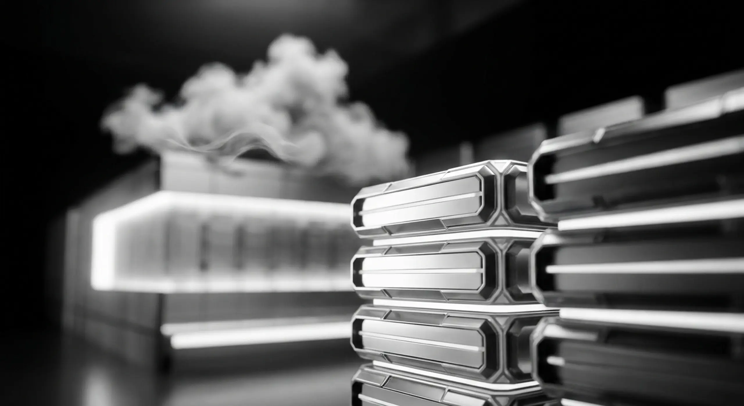 Monochrome image of futuristic server modules with a glowing data center in the background emitting a cloud of smoke.