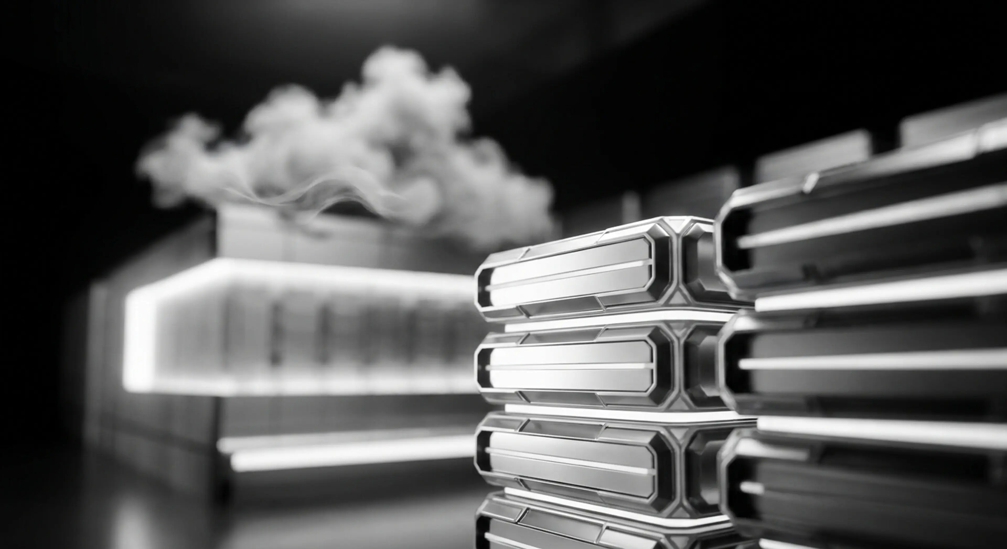 Monochrome image of futuristic server modules with a glowing data center in the background emitting a cloud of smoke.