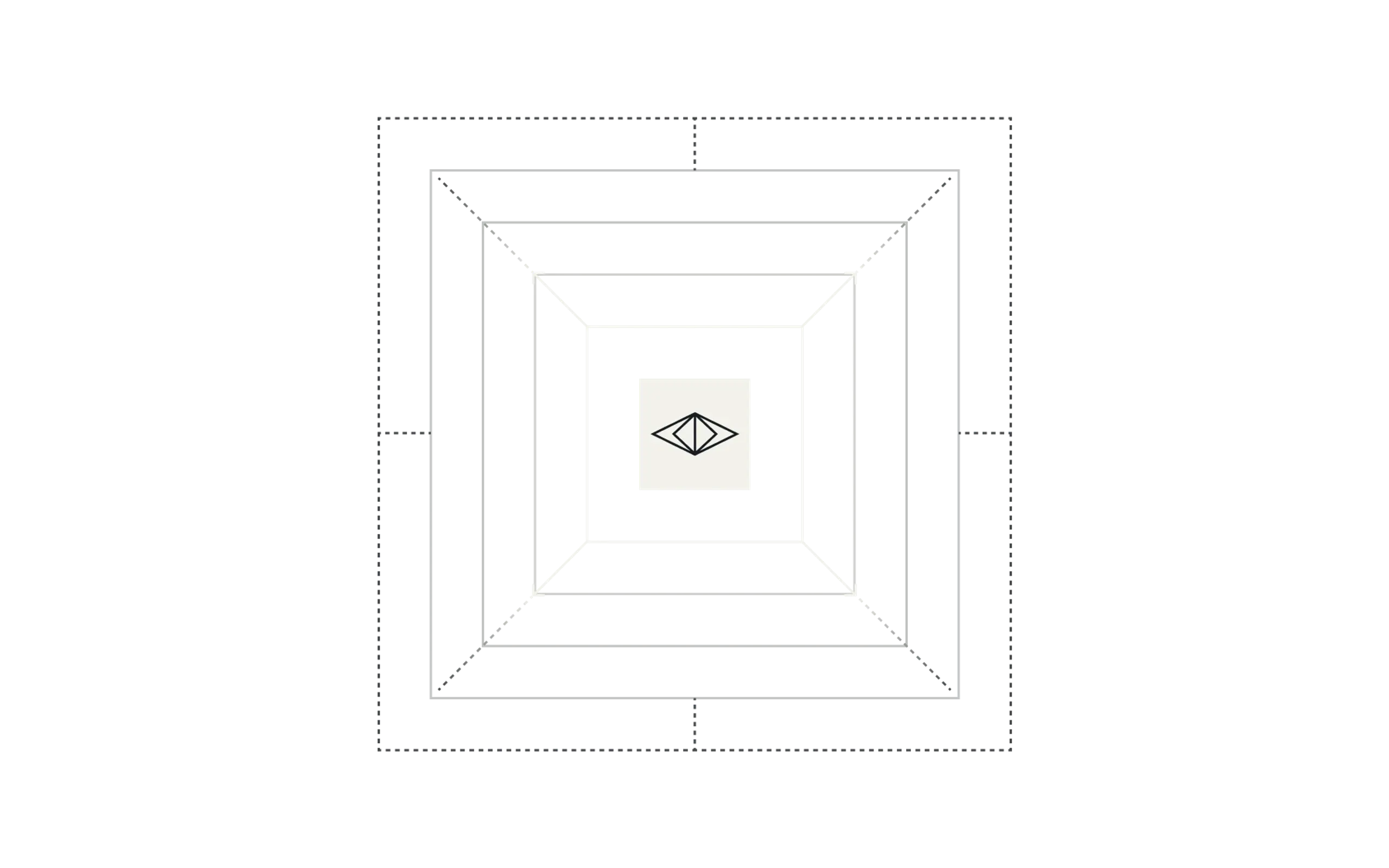 Concentric white squares on a dark background receding towards a central light square with a black dot.