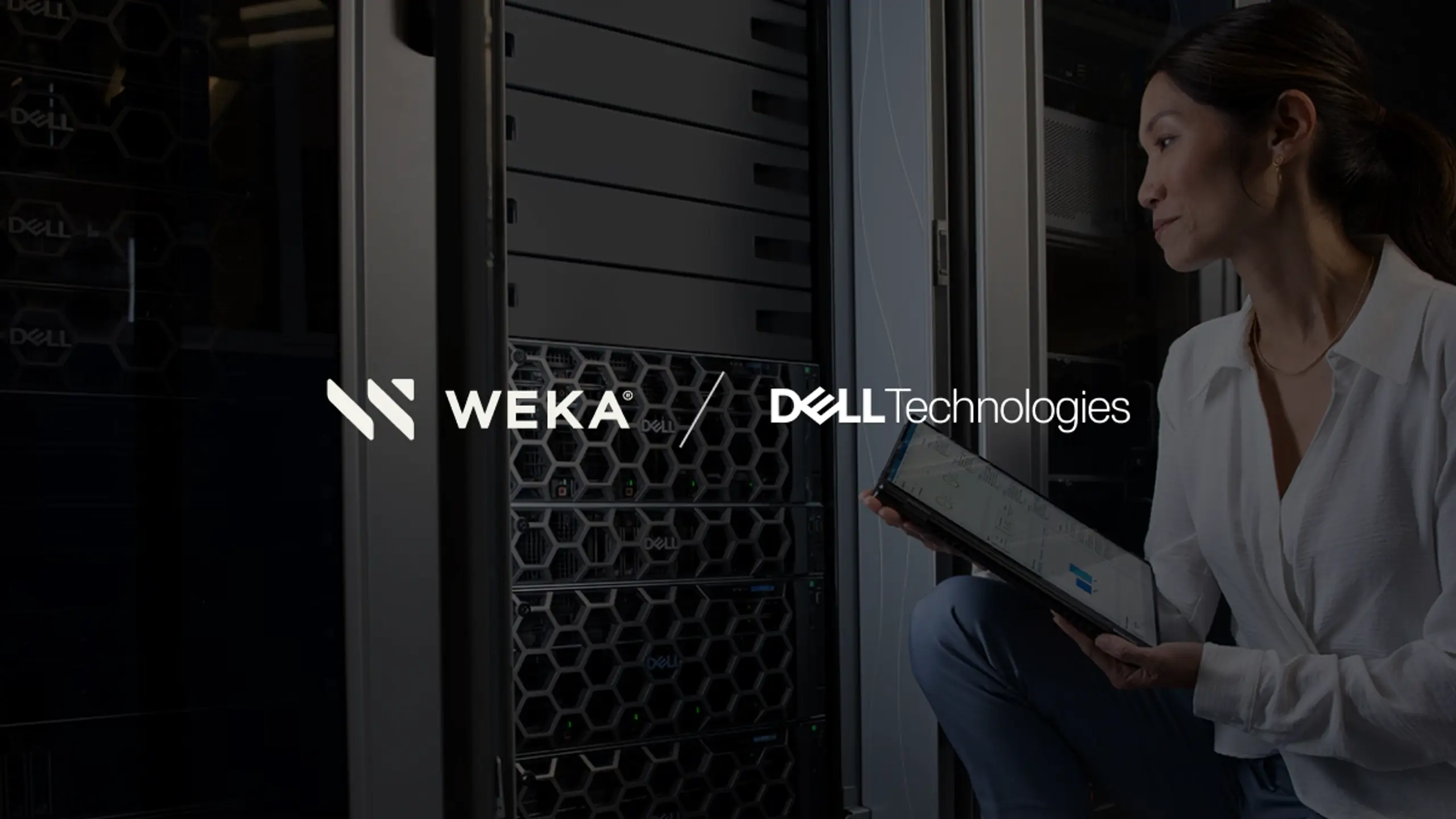 A woman in a server room holding a tablet, with server racks and WEKA and Dell Technologies logos visible.