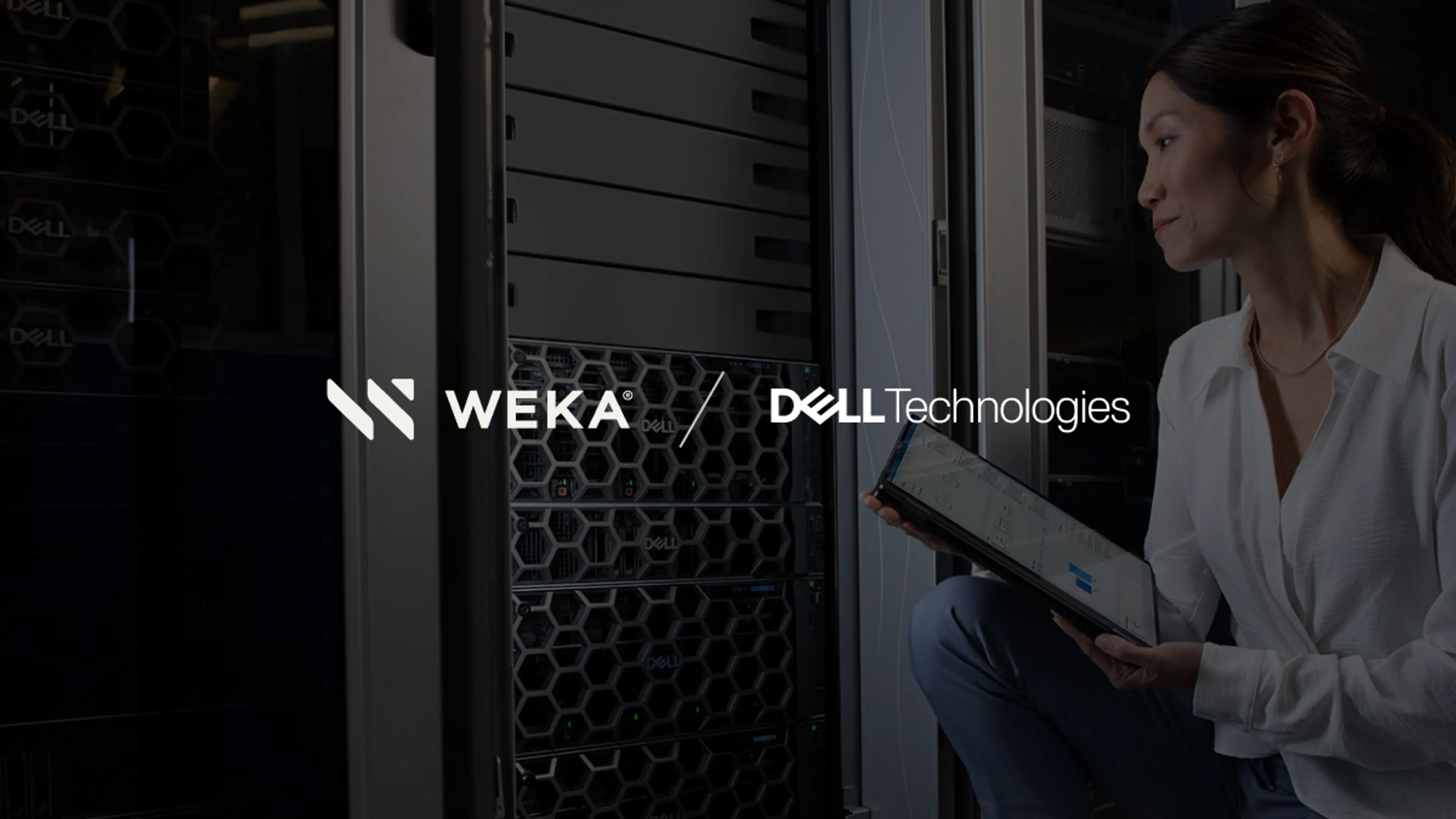 A woman in a server room holding a tablet, with server racks and WEKA and Dell Technologies logos visible.