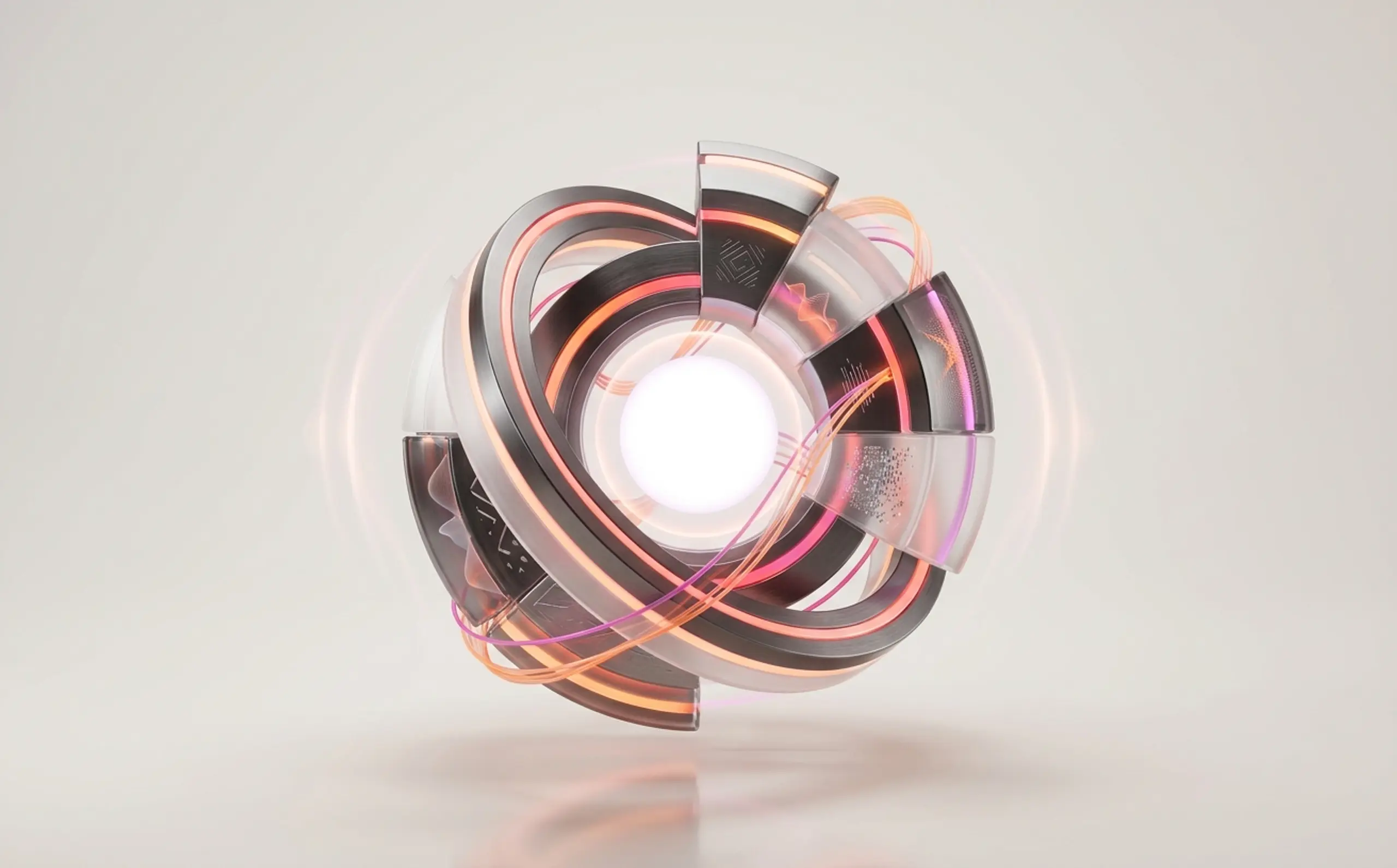 Abstract segmented ring structure glowing with orange and pink light.