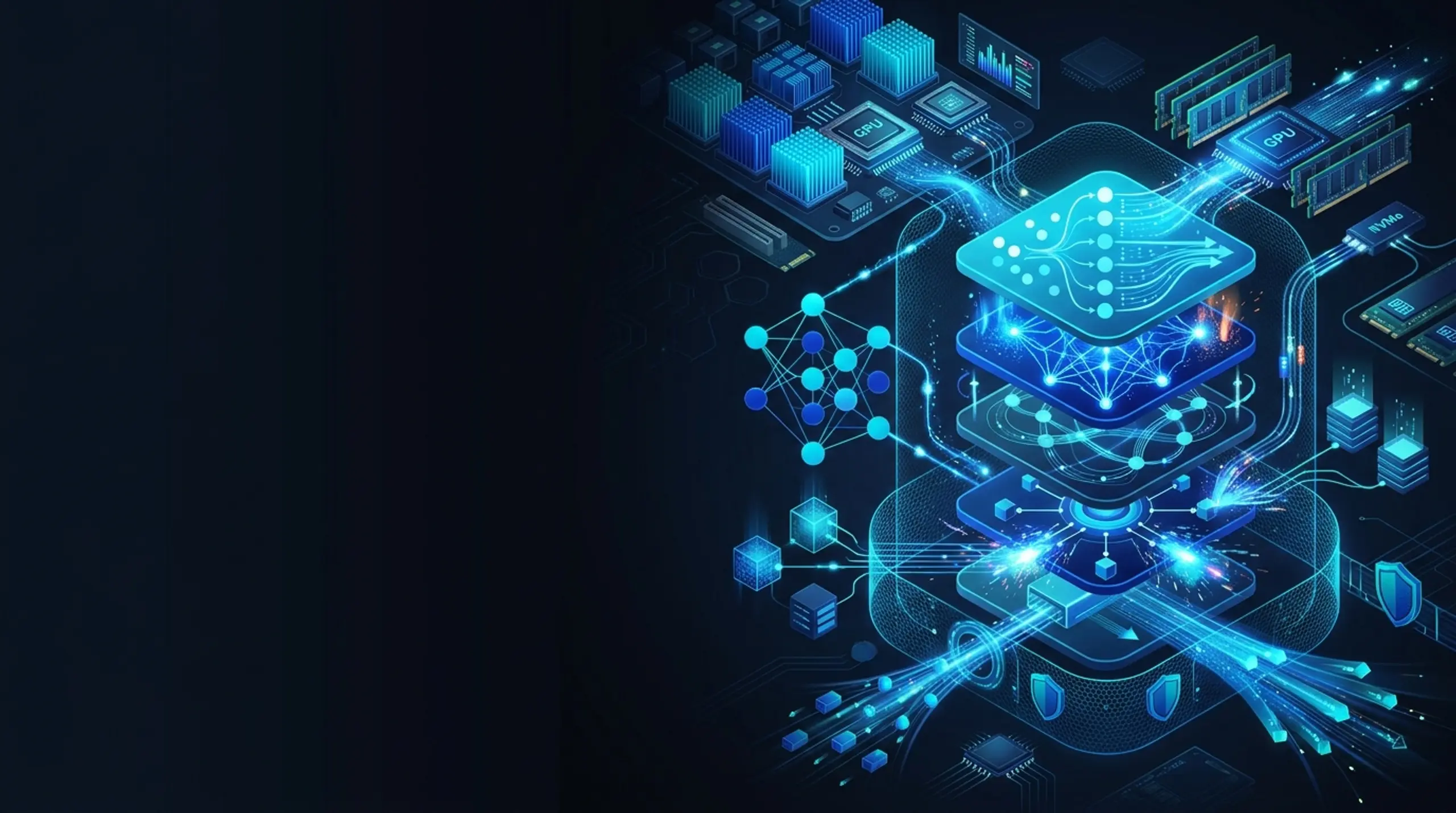 Isometric illustration of glowing blue interconnected AI infrastructure.