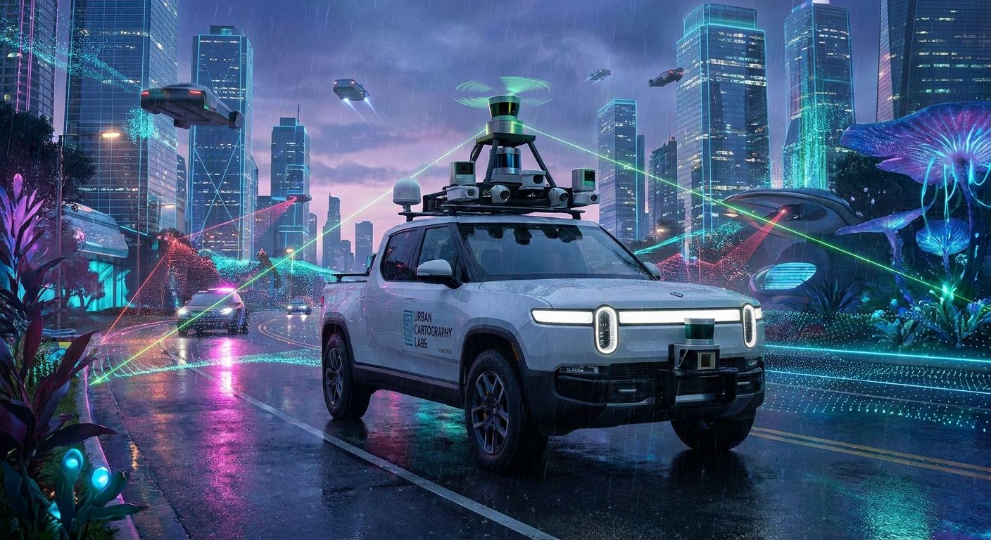 A white Rivian R1T from Urban Cartography Labs, equipped with a large sensor array, drives through a futuristic city with flying cars, neon buildings, and glowing data streams.