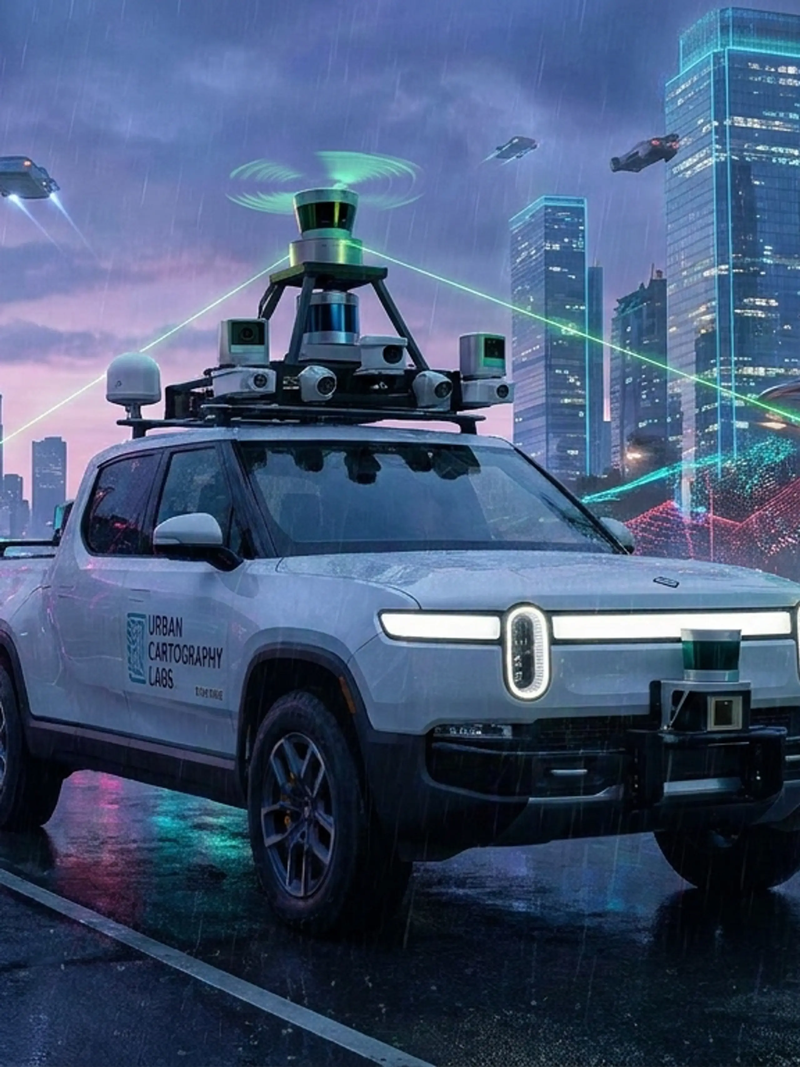 A white Rivian R1T from Urban Cartography Labs, equipped with a large sensor array, drives through a futuristic city with flying cars, neon buildings, and glowing data streams.