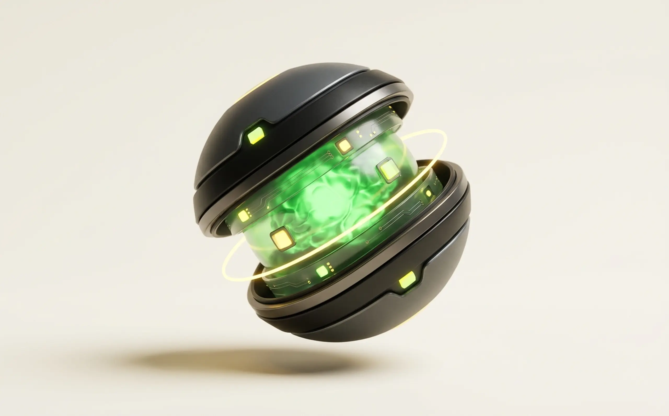 A dark futuristic sphere, split in the middle, revealing a glowing green core with yellow lights and a golden ring.
