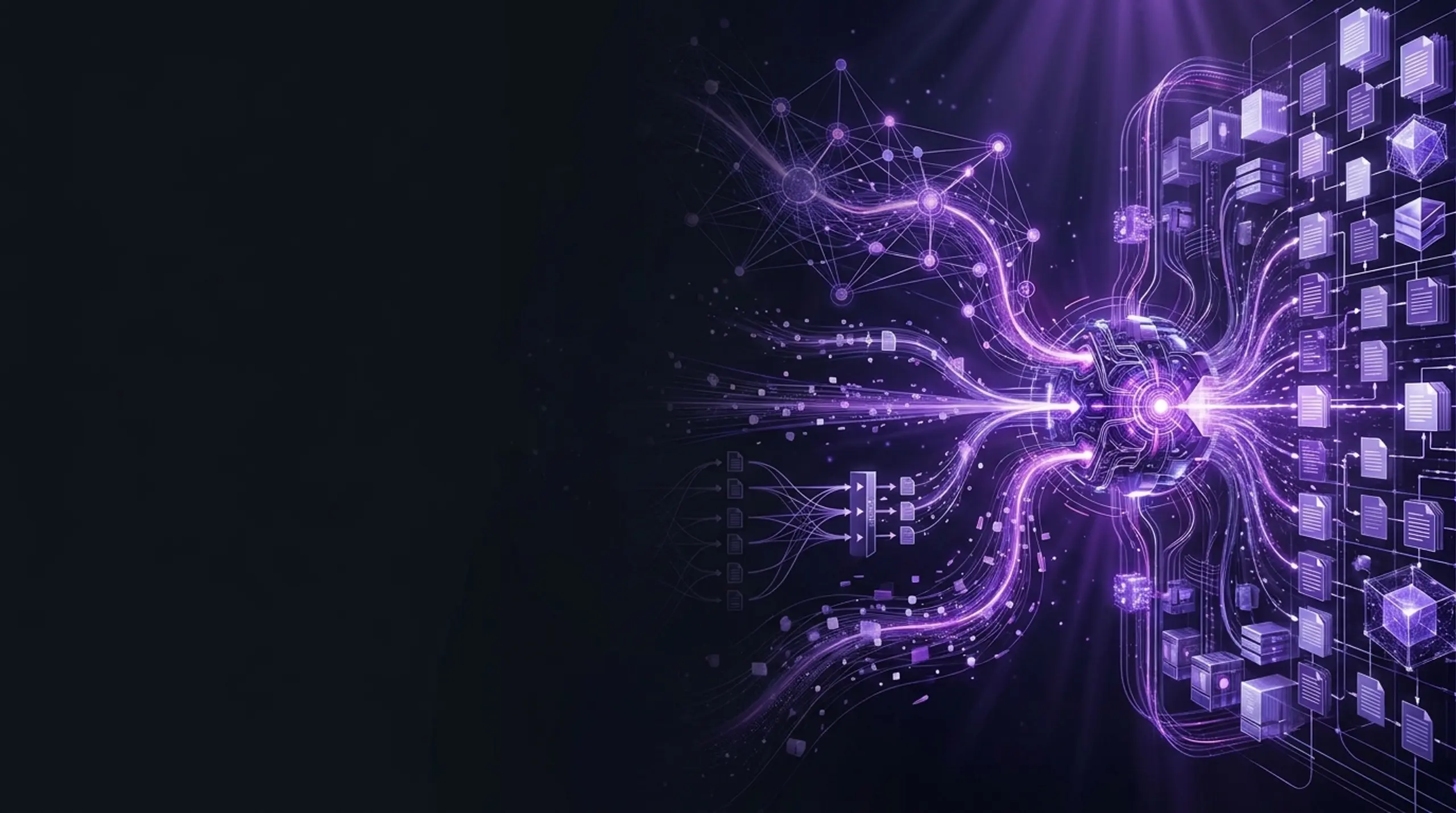 Abstract purple digital network with data flowing from a central glowing core to nodes and storage blocks.
