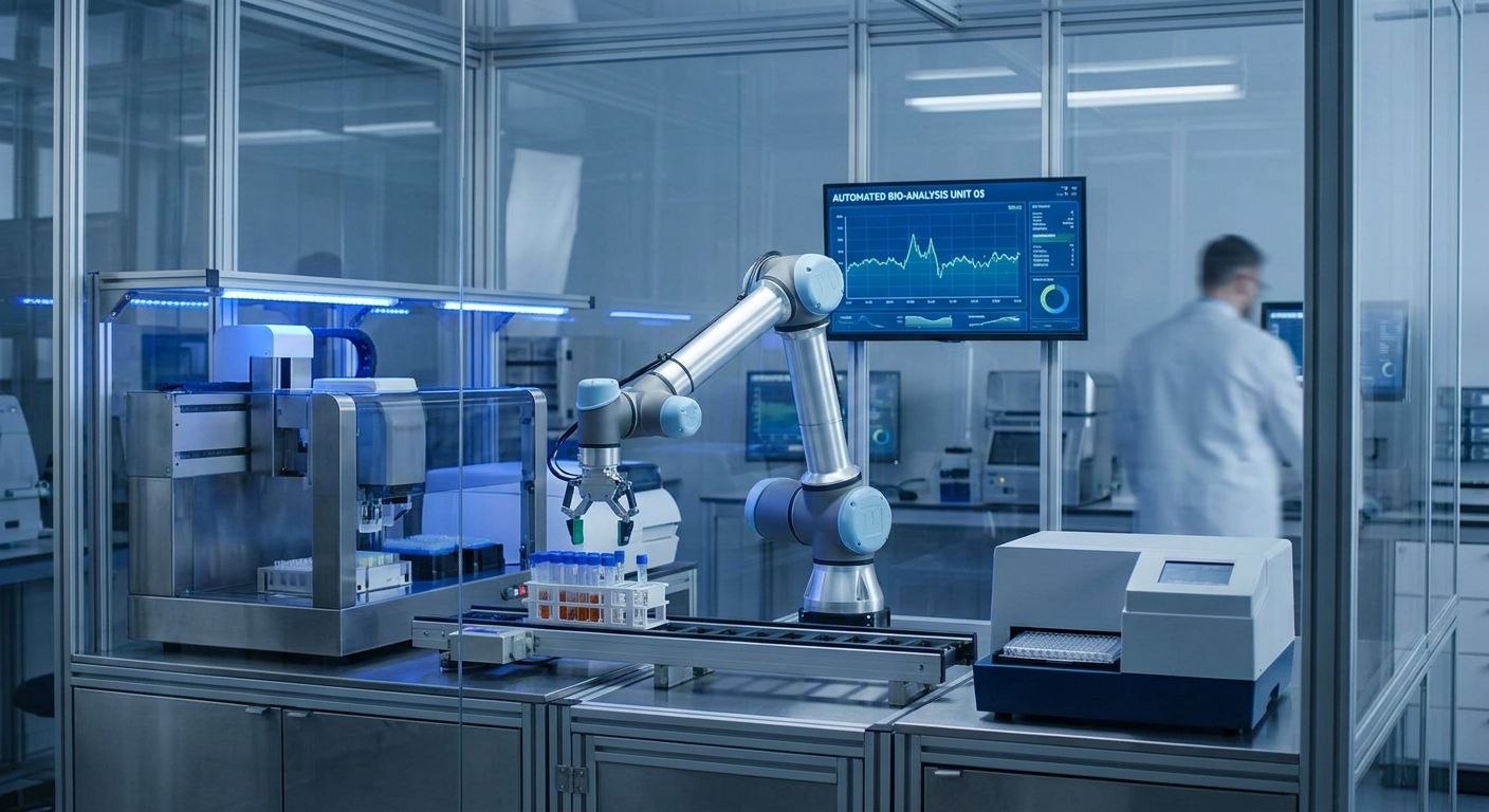 Automated laboratory with a robotic arm processing samples, data on a screen, and a scientist.