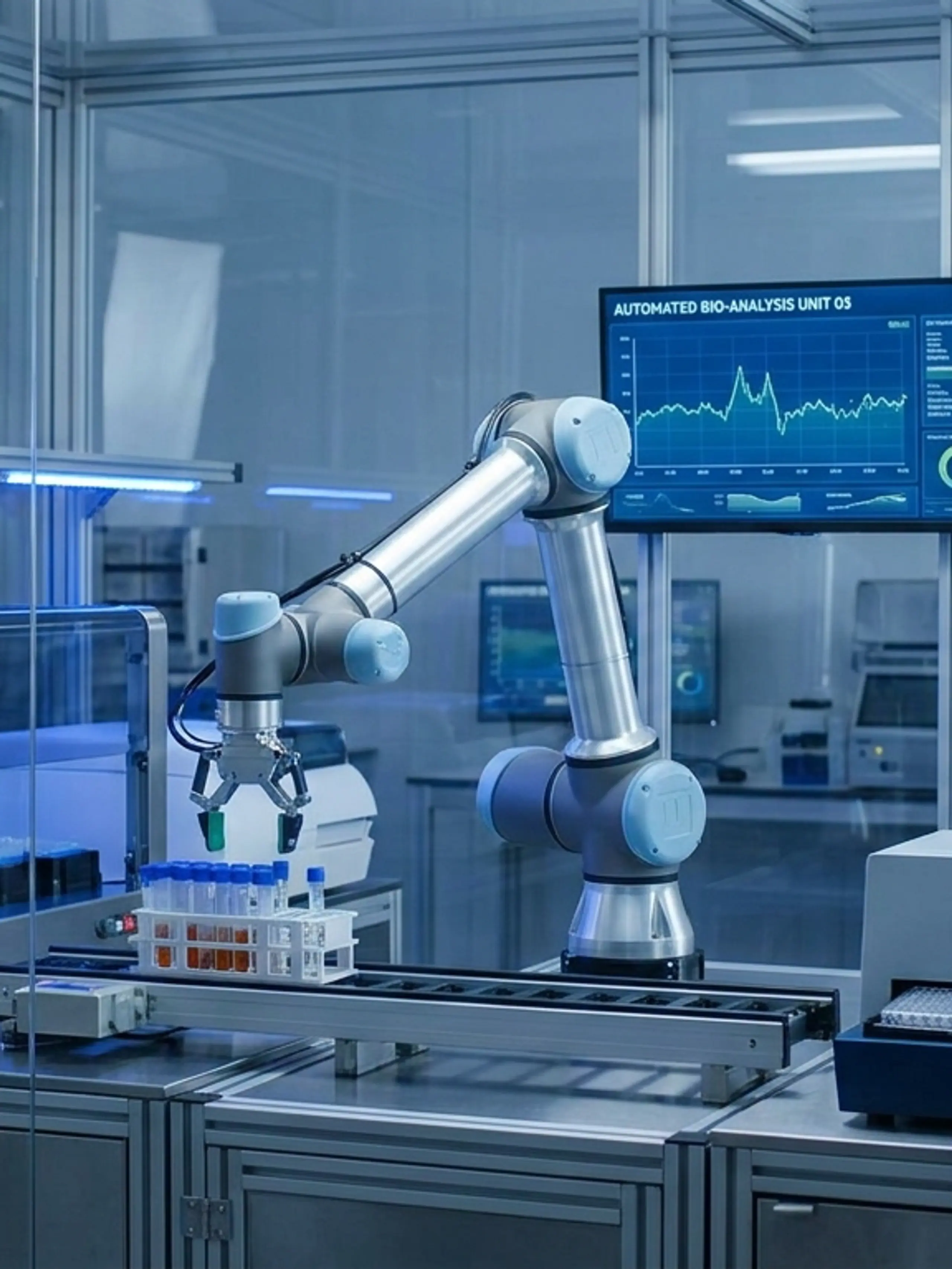 Automated laboratory with a robotic arm processing samples, data on a screen, and a scientist.