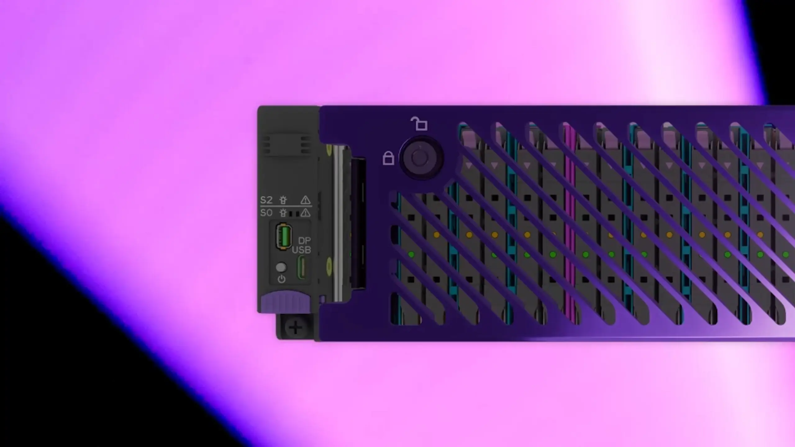 Purple server with diagonal vents revealing colorful internal lights, bathed in a pink glow.