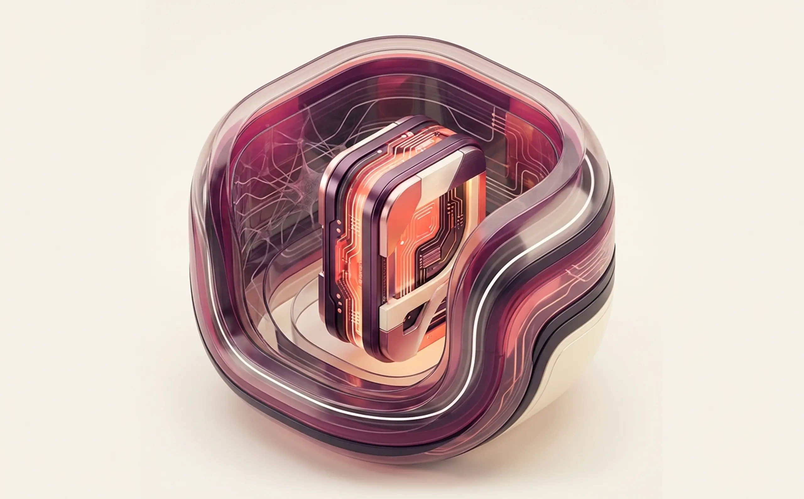 Abstract 3D structure of translucent purple and orange layers with glowing circuit details.