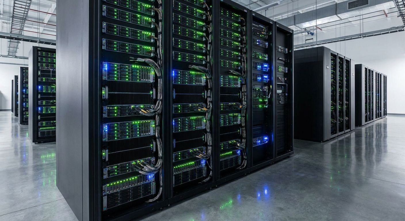 Rows of server racks with green and blue lights in a data center.
