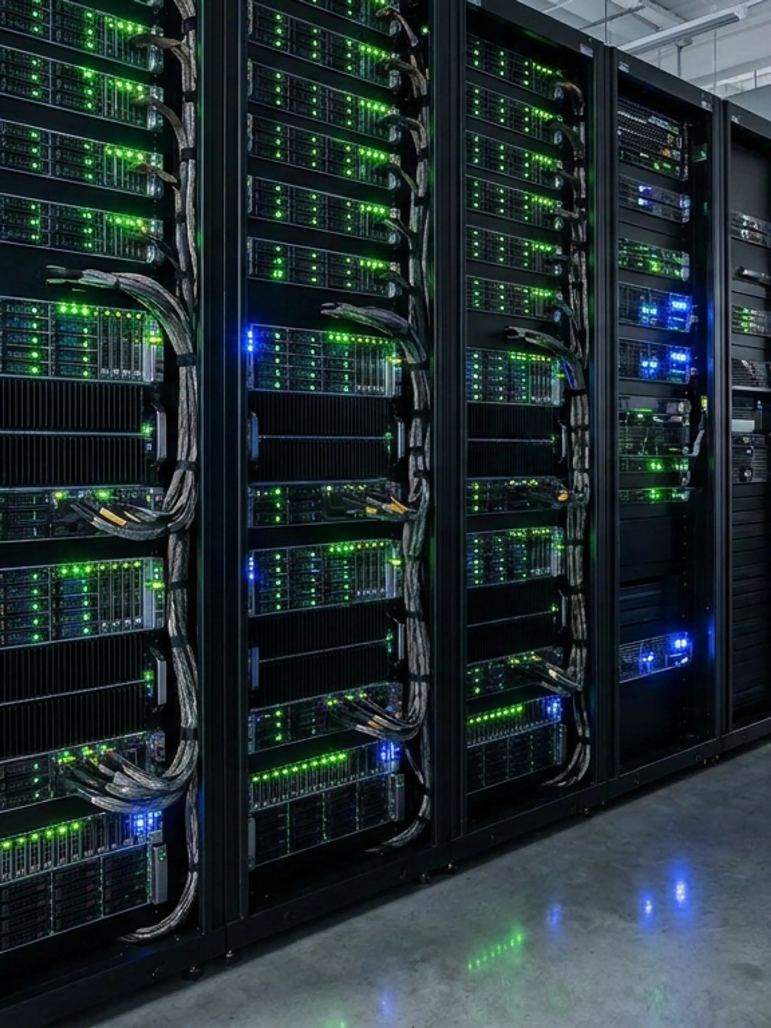 Rows of server racks with green and blue lights in a data center.