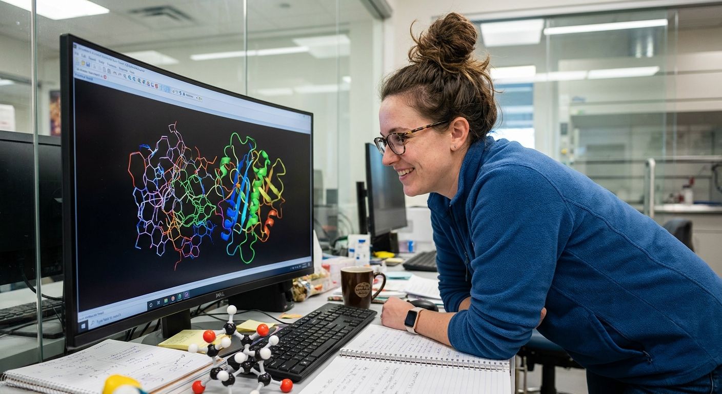A smiling scientist looks at a computer screen displaying a 3D molecular structure in a lab.