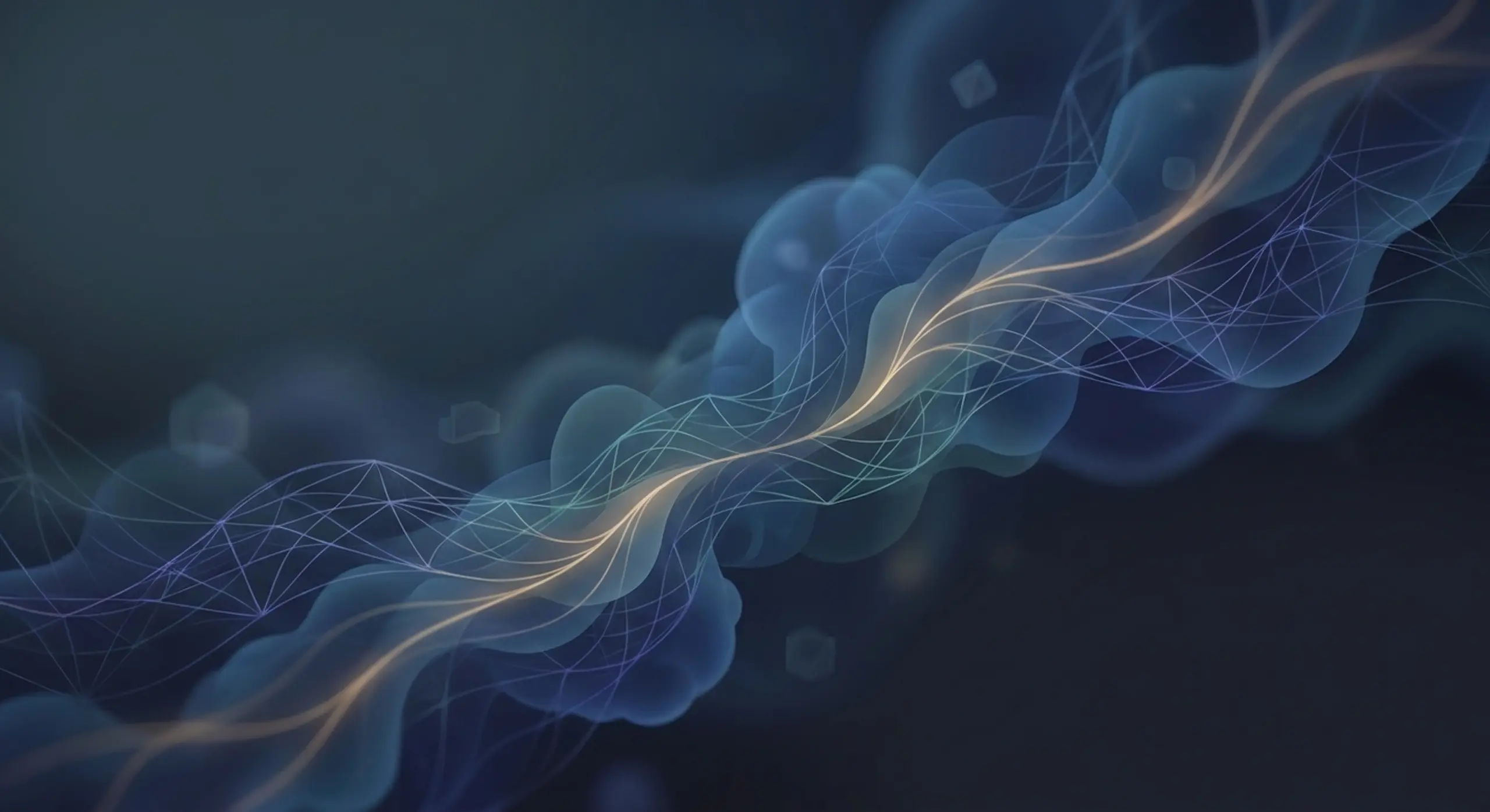 A glowing golden line cuts through translucent blue wave forms and a mesh network.