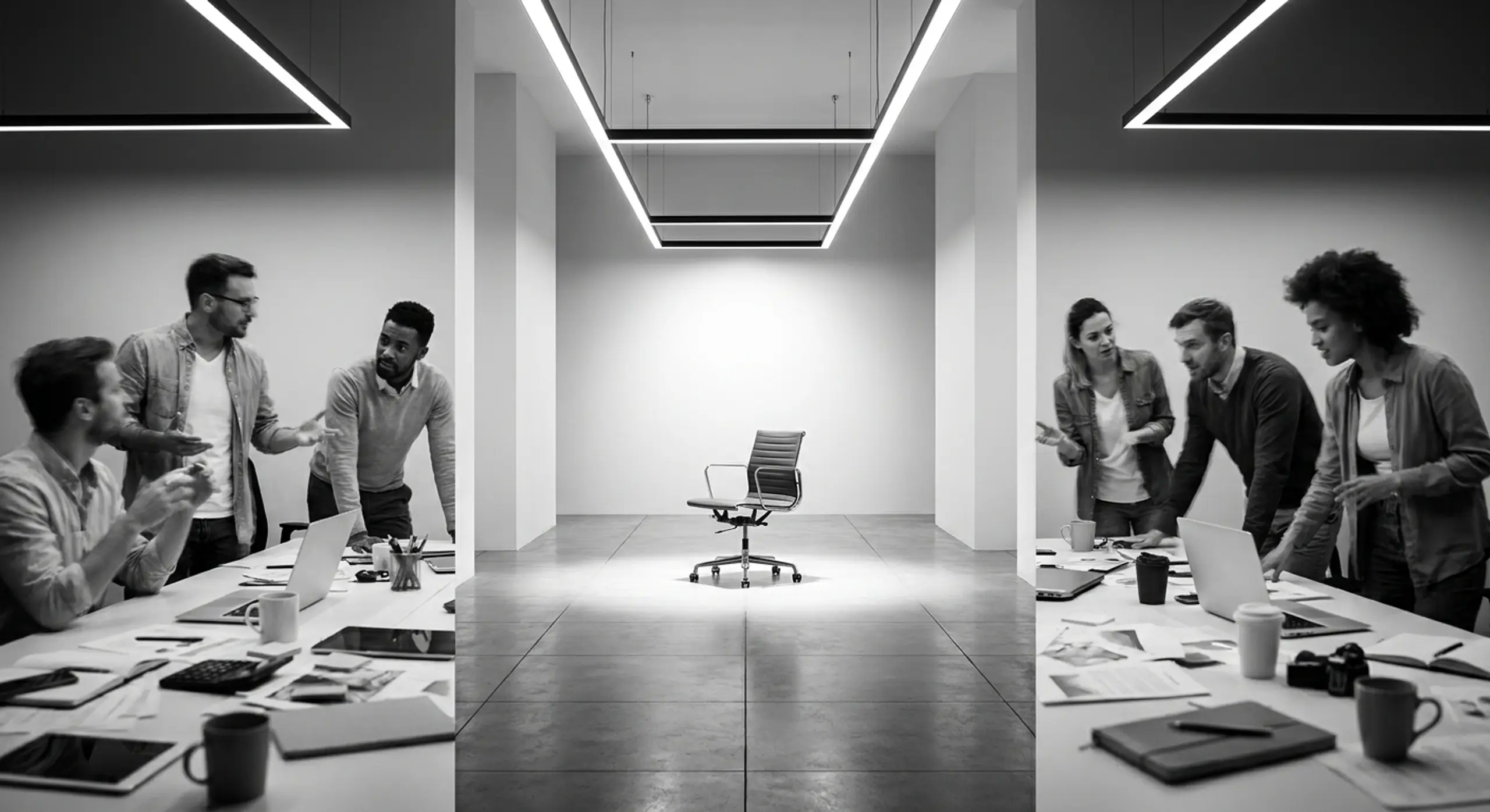 Black and white image of two teams collaborating at desks, flanking a spotlighted empty office chair in a minimalist corridor.