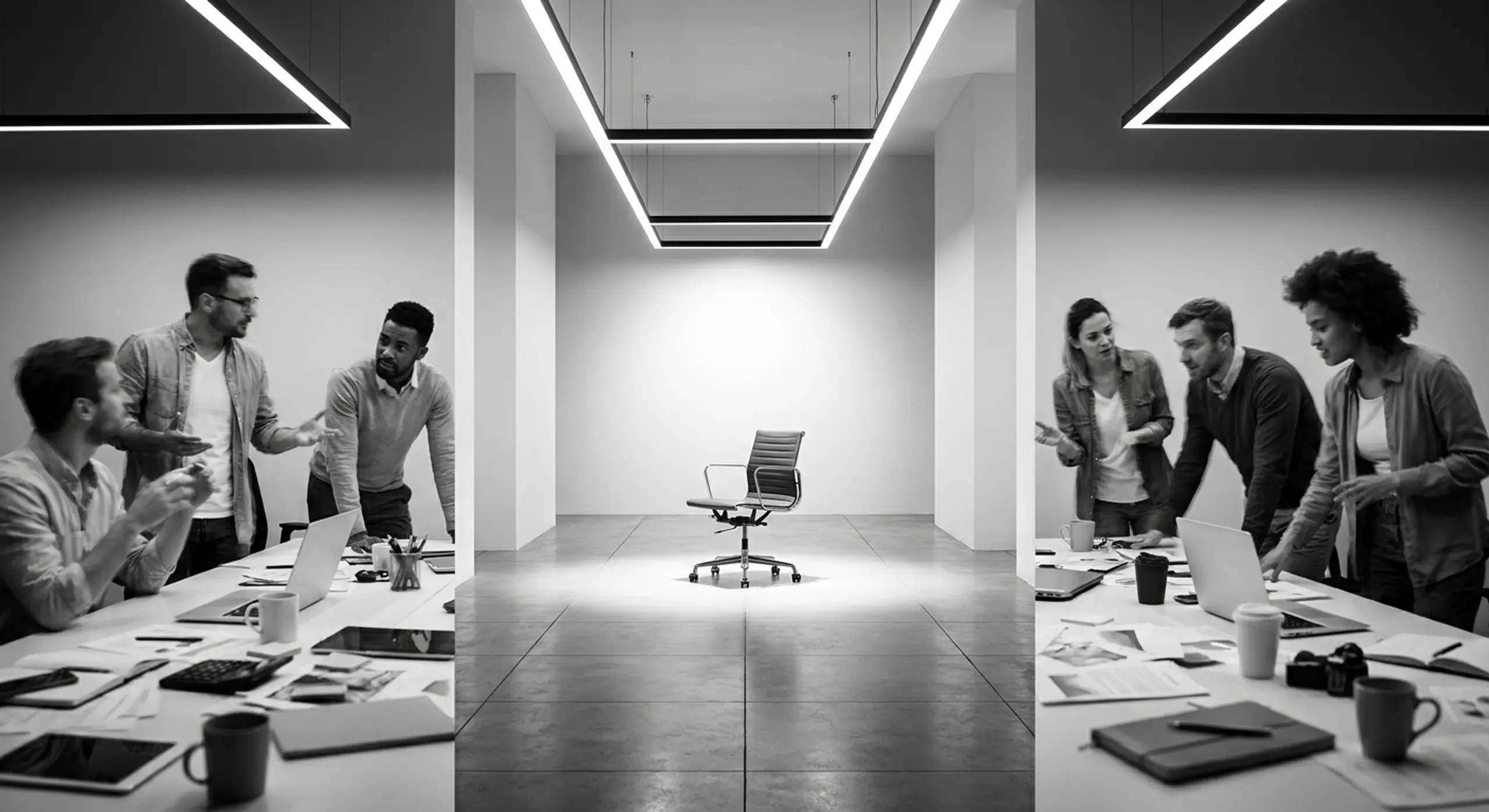 Black and white image of two teams collaborating at desks, flanking a spotlighted empty office chair in a minimalist corridor.