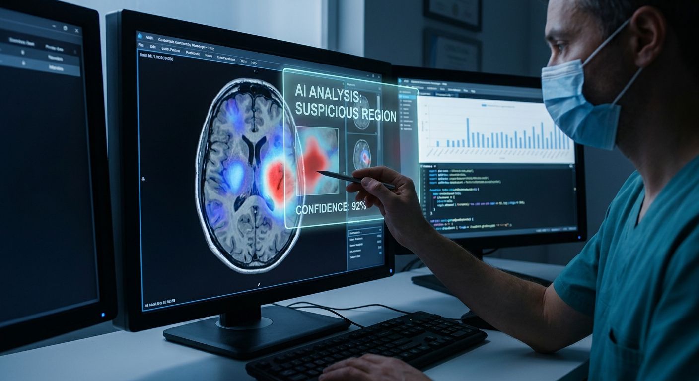 A masked medical professional points at a computer screen displaying an AI analysis of a brain scan with suspicious regions highlighted.