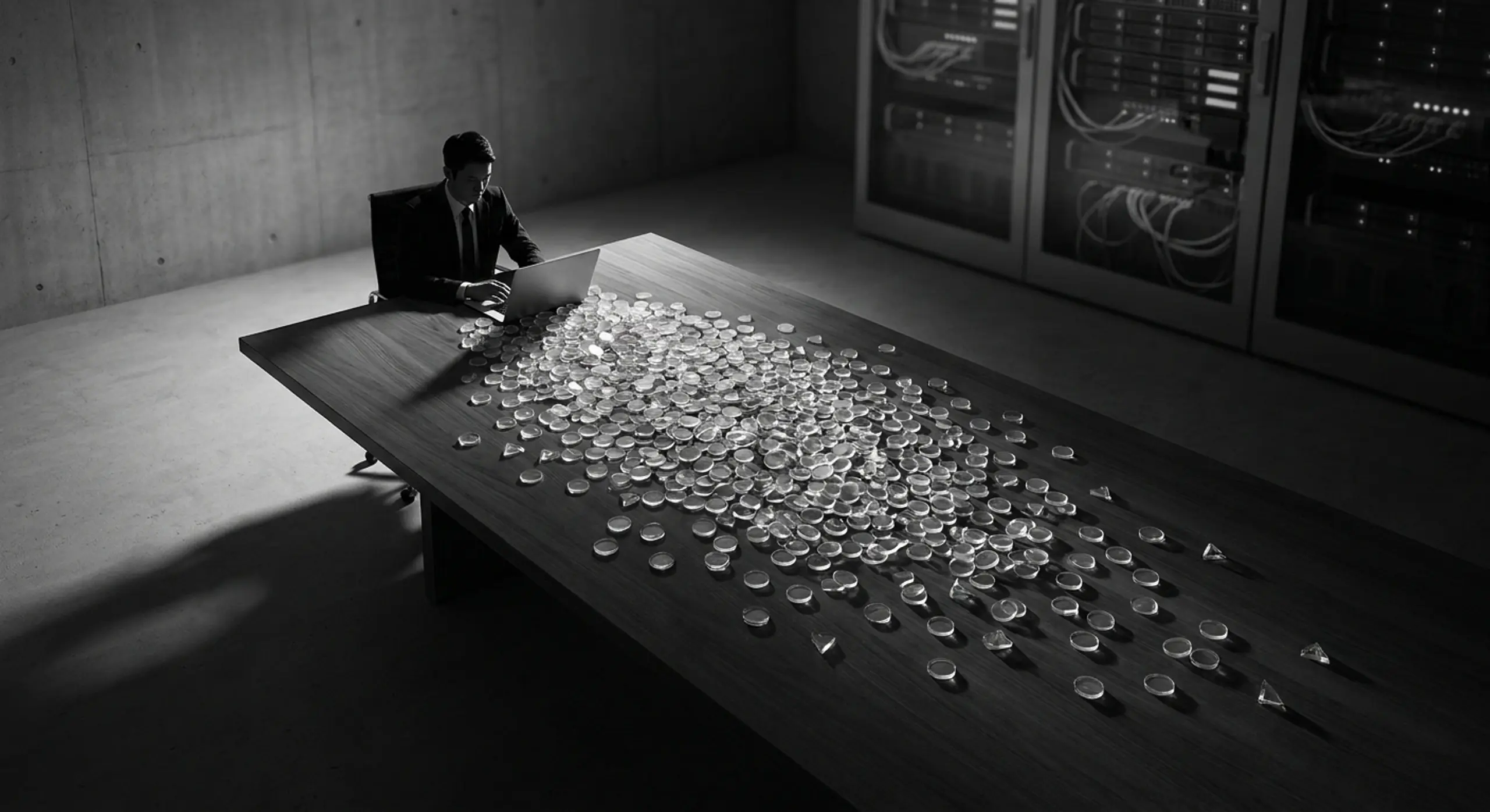 Monochromatic image of a businessman working on a laptop at a long table covered in a large pile of coins, with server racks in the background.