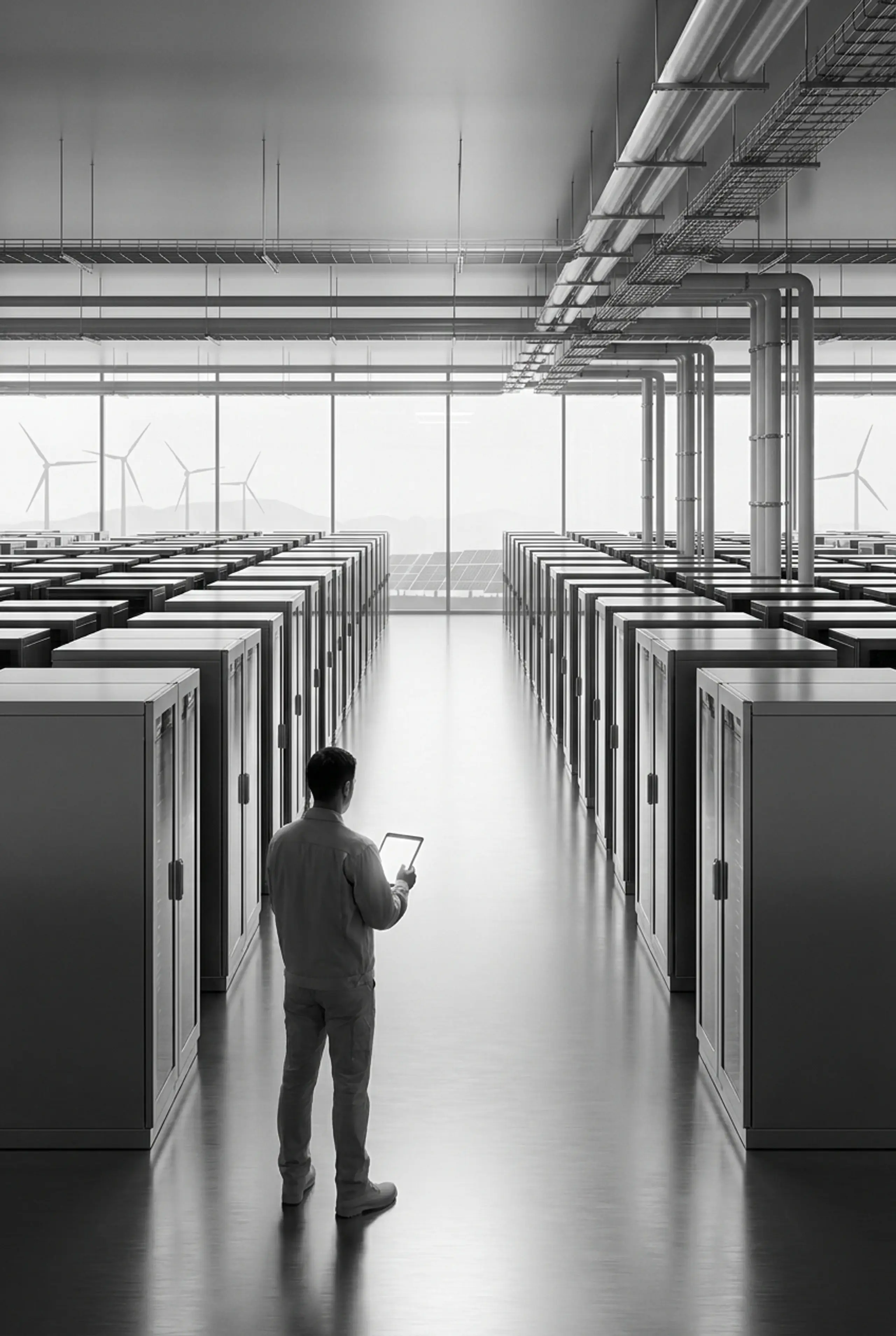 Grayscale image of a person holding a tablet in a data center, with wind turbines and solar panels visible outside.