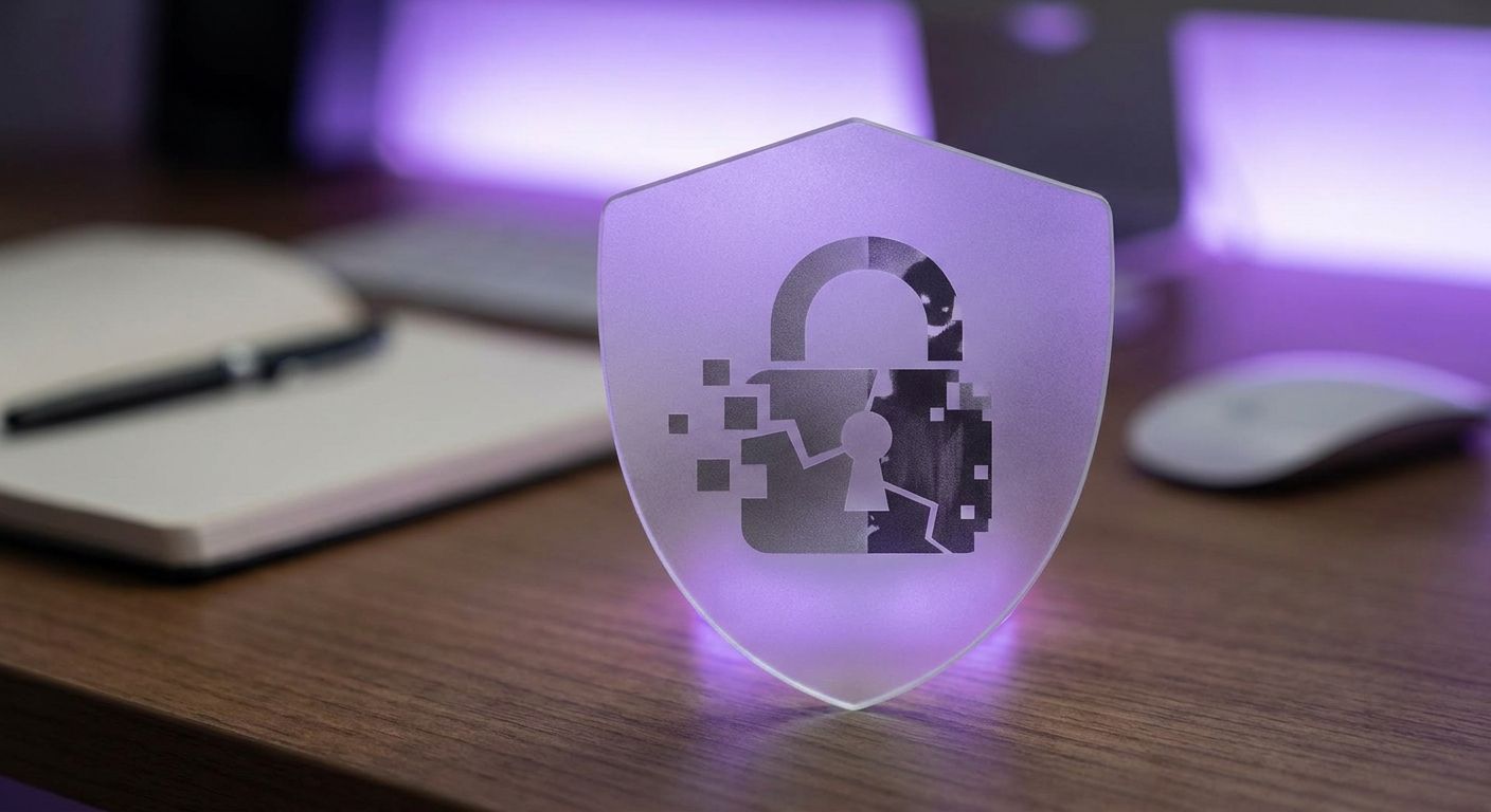 A translucent shield icon featuring an open padlock dissolving into pixels.