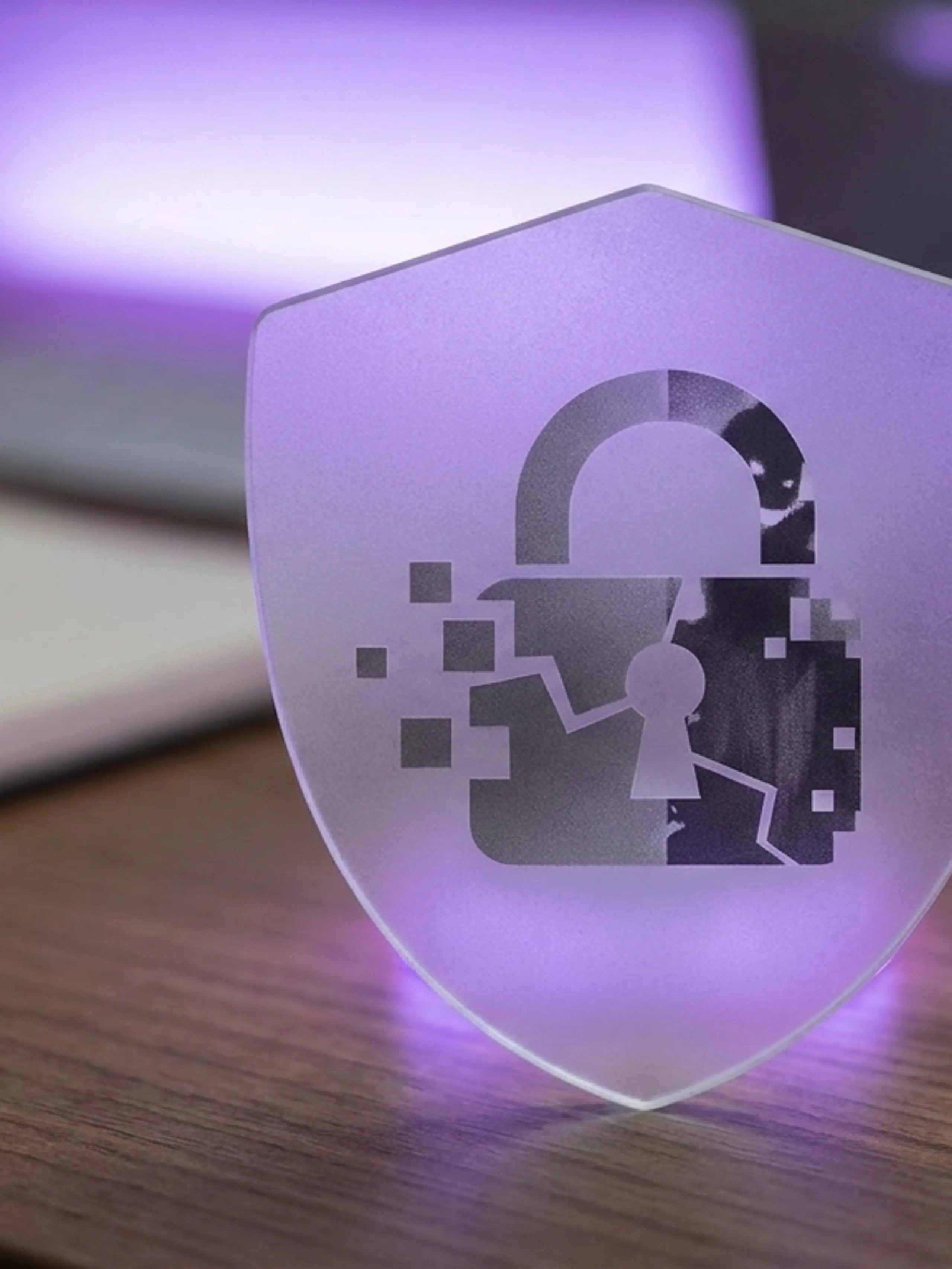 A translucent shield icon featuring an open padlock dissolving into pixels.