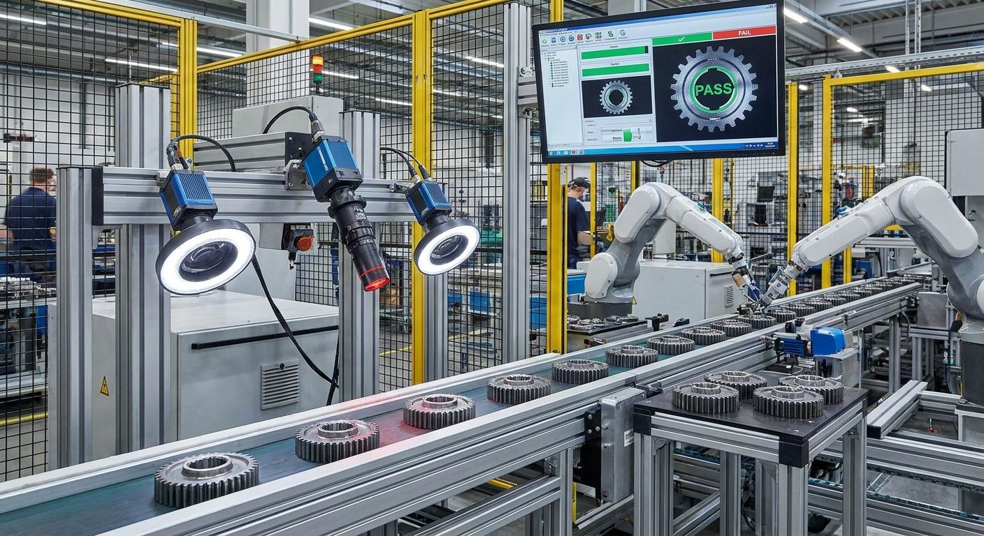 Automated factory production line inspecting gears with a vision system, robotic arms, and a screen showing 'PASS'.