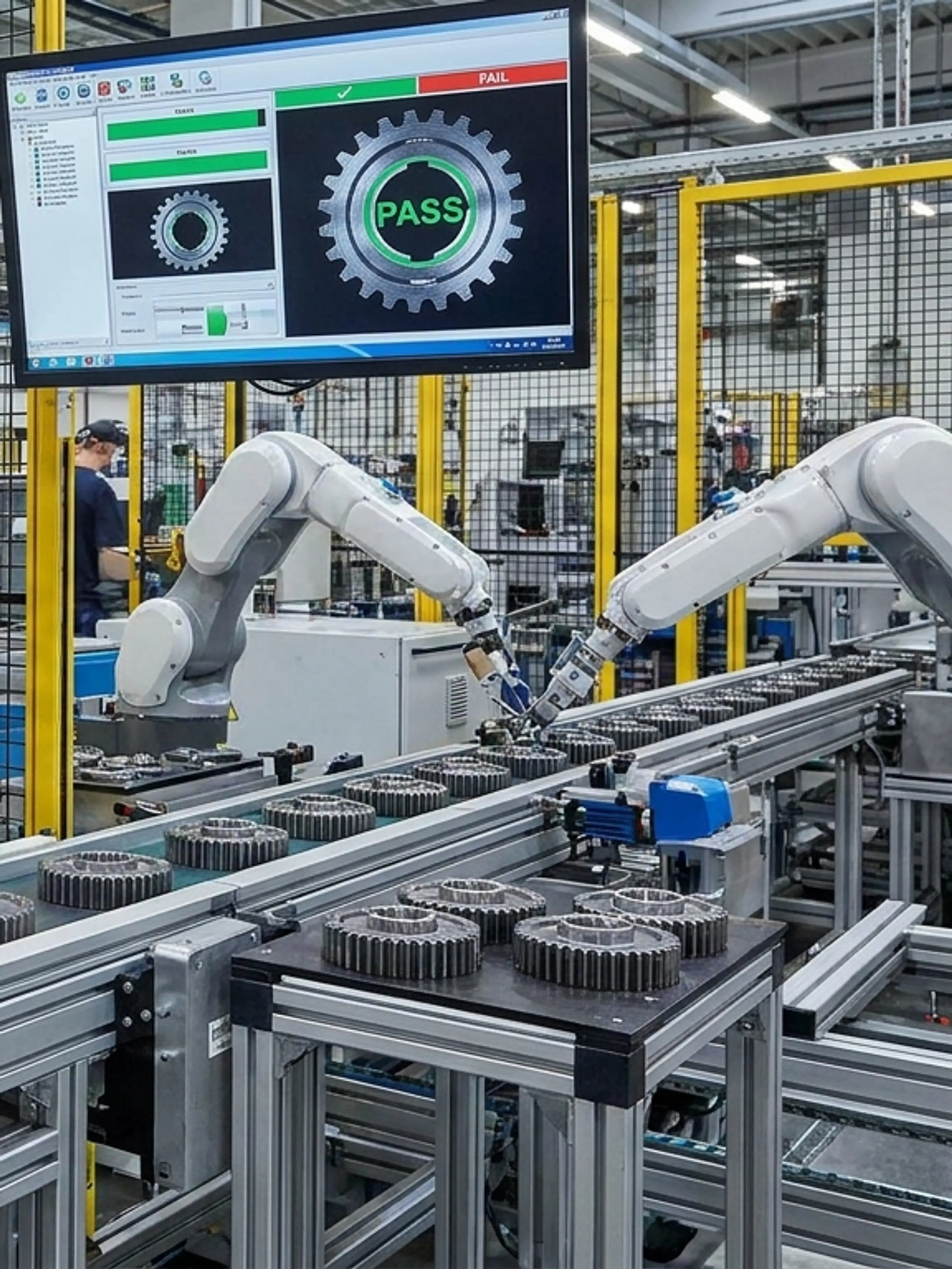 Automated factory production line inspecting gears with a vision system, robotic arms, and a screen showing 'PASS'.