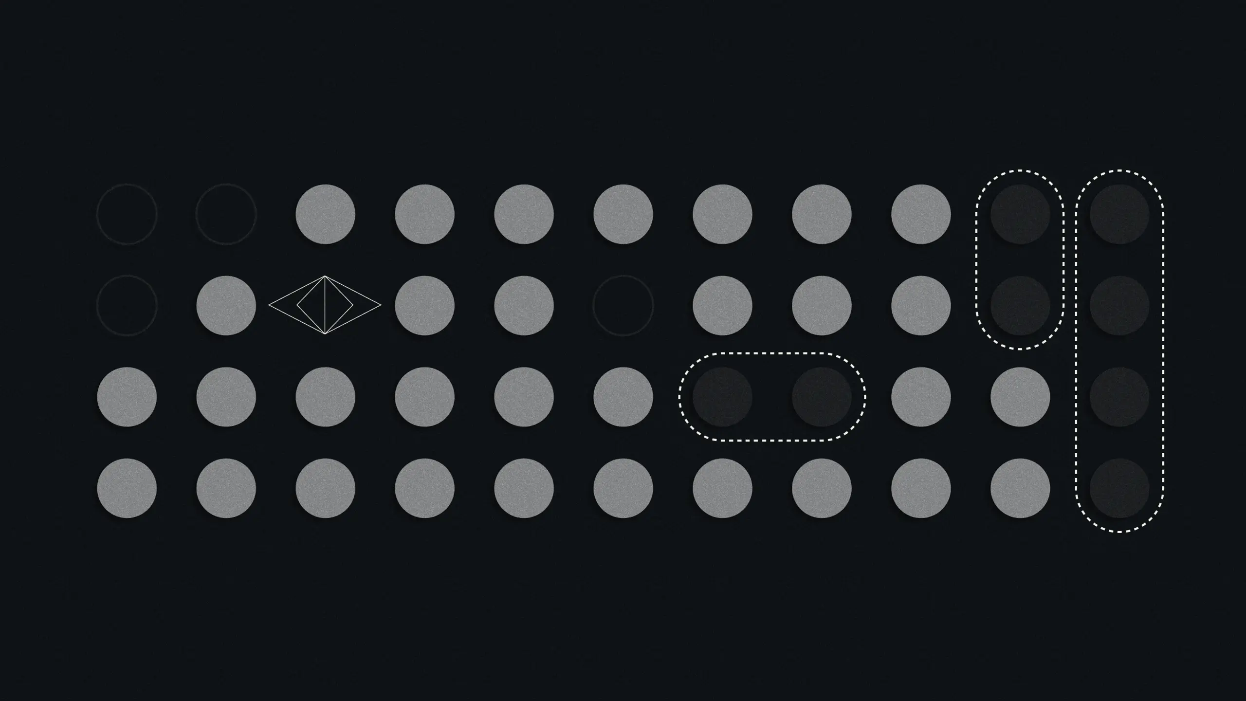 A grid of light gray, dark gray, and outlined circles on a dark background, with a diamond outline and dotted lines highlighting groups of dark circles.