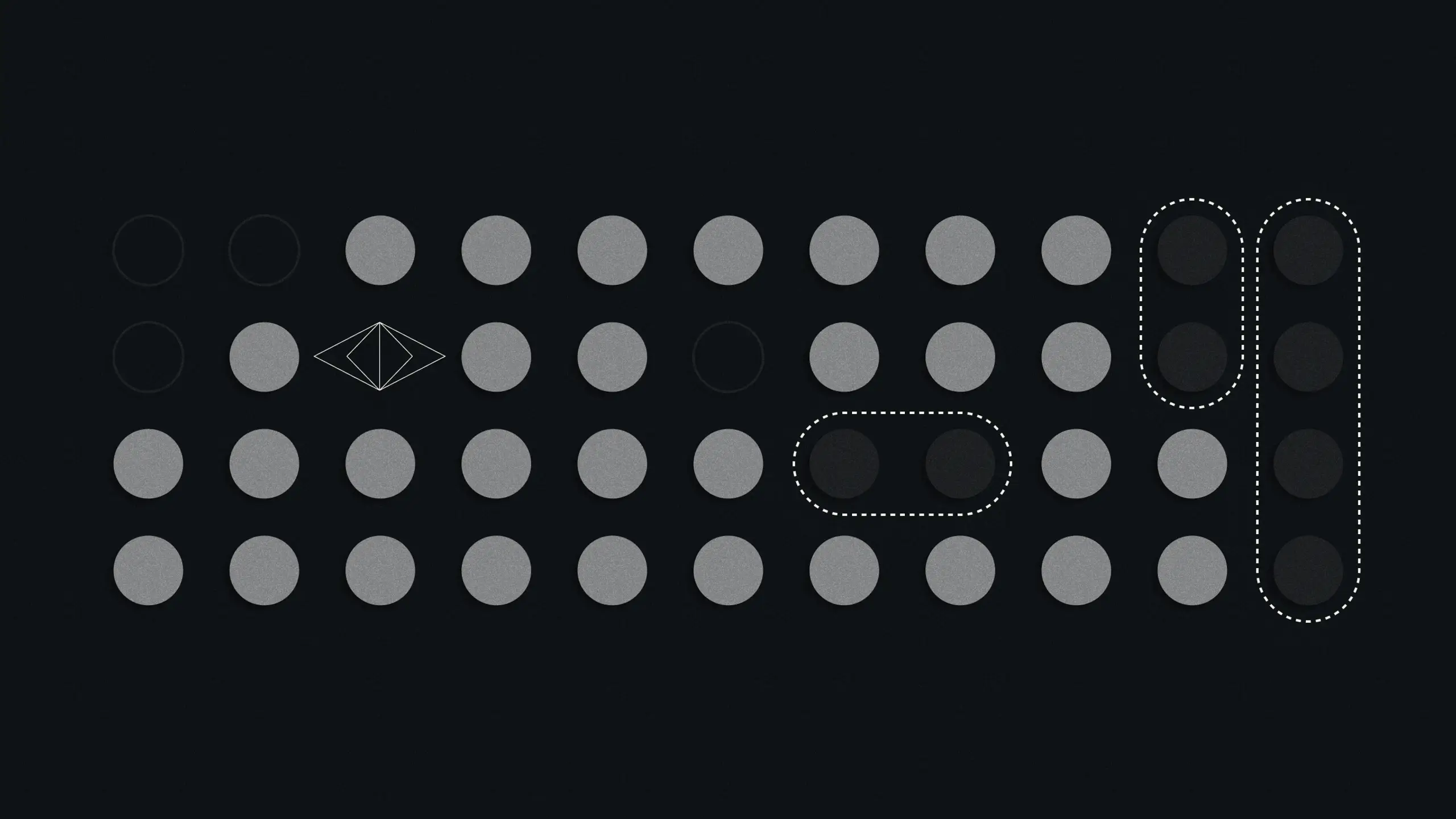 A grid of light gray, dark gray, and outlined circles on a dark background, with a diamond outline and dotted lines highlighting groups of dark circles.