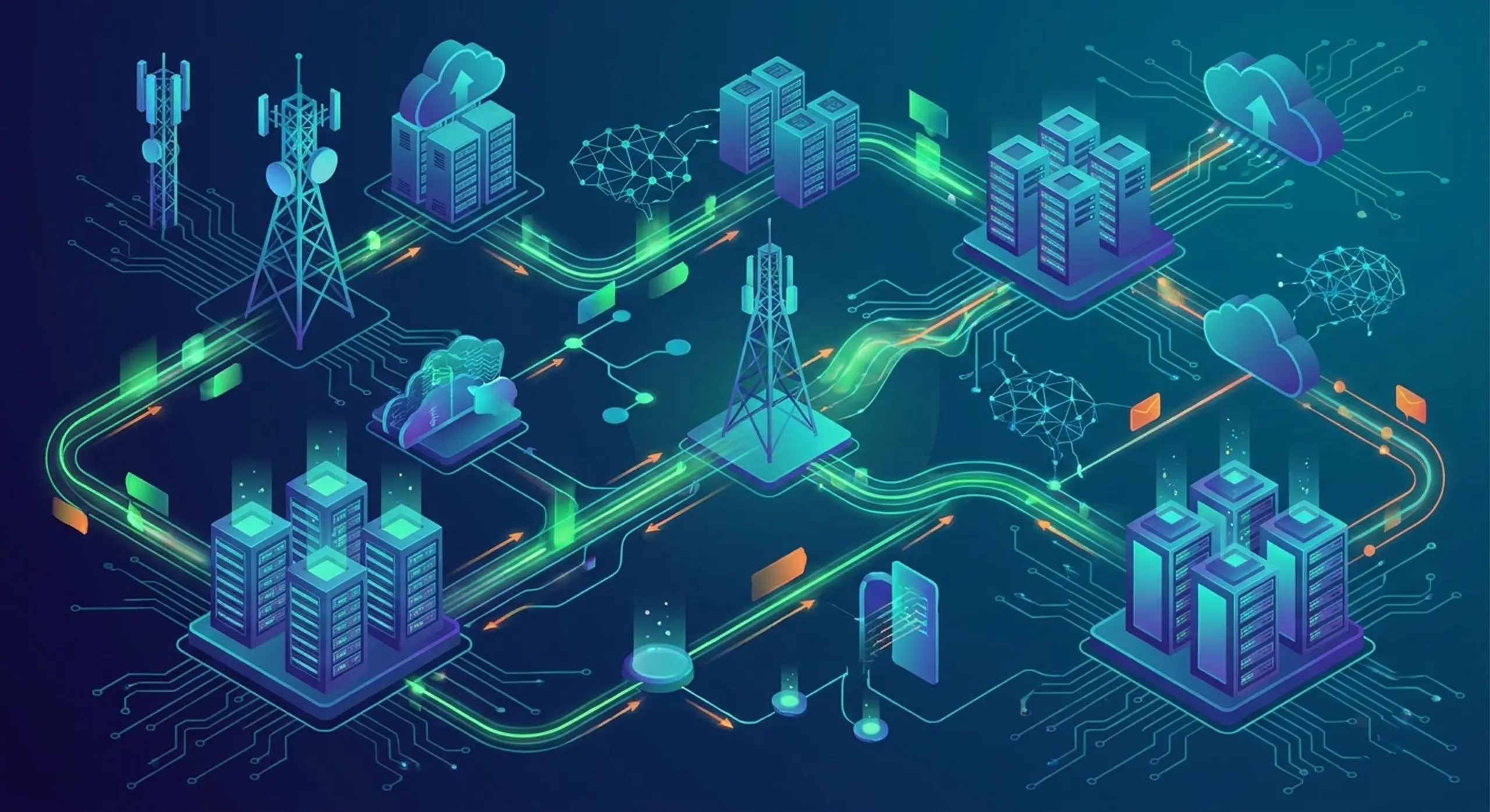 Illustration of a digital network connecting cell towers, data centers, clouds, and AI with glowing lines.