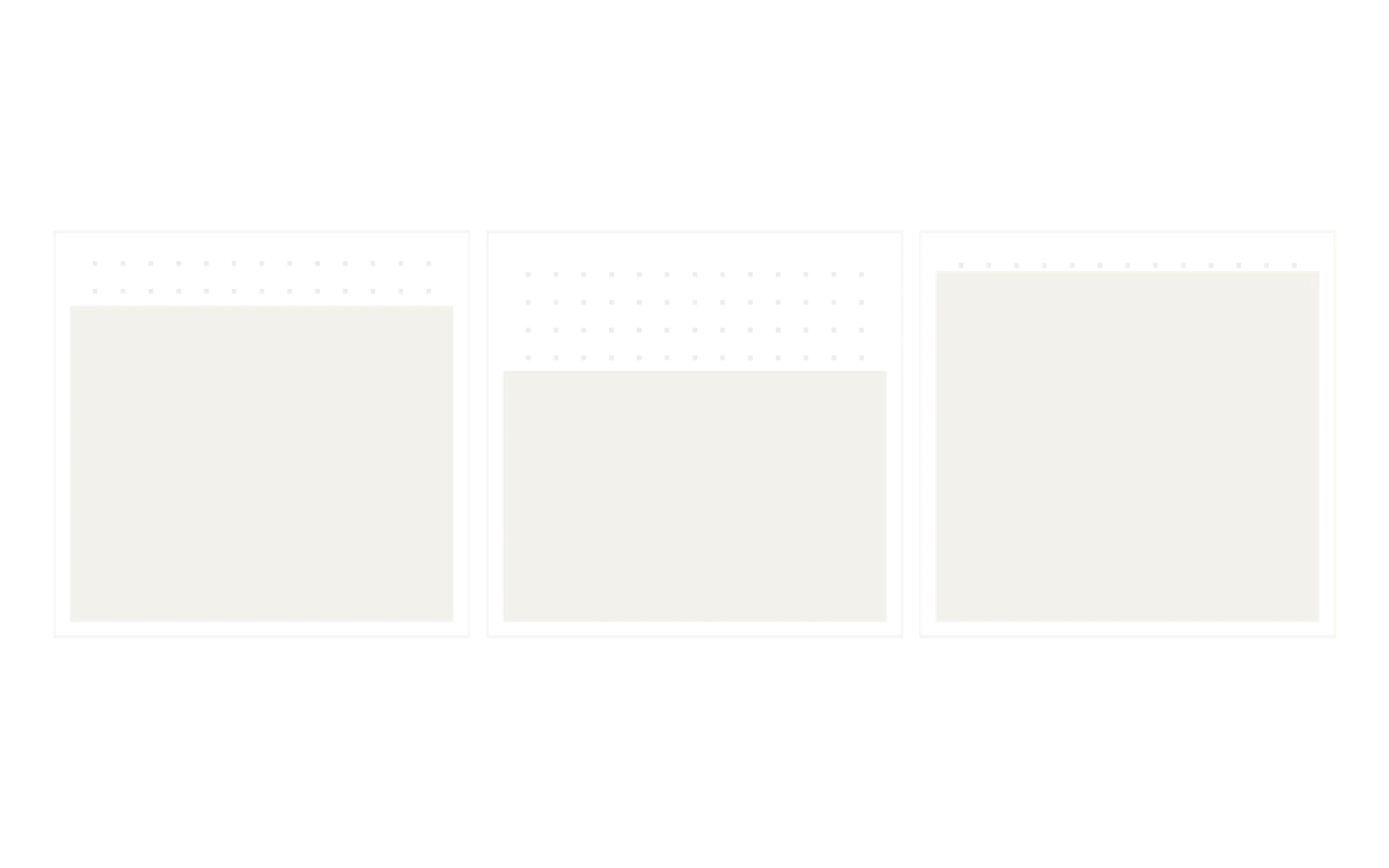 Three light-colored rectangles side-by-side, the left two featuring a faint grid of dots at their top.
