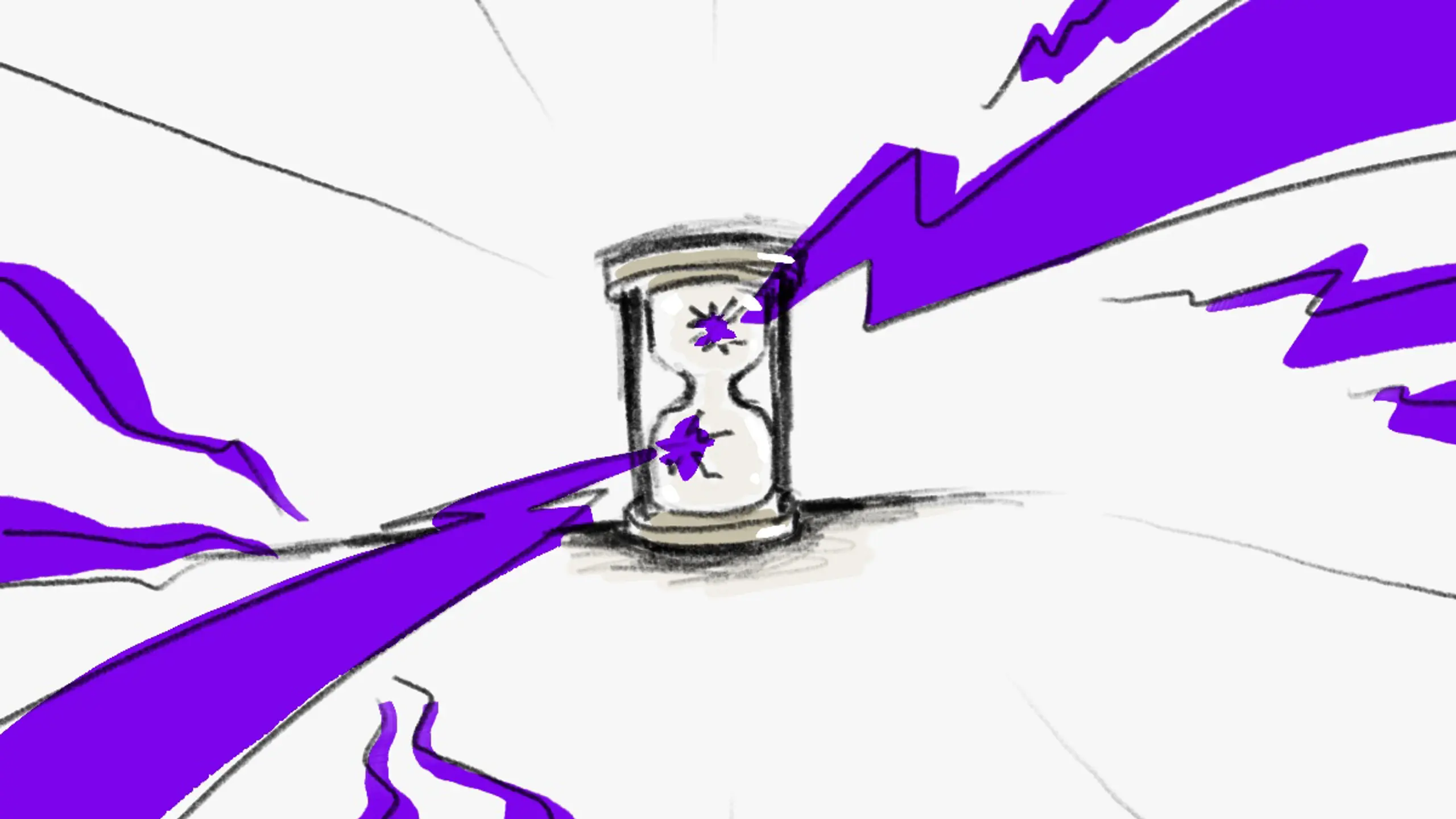 Sketchy hourglass with purple energy streaming from it and internal cracks.