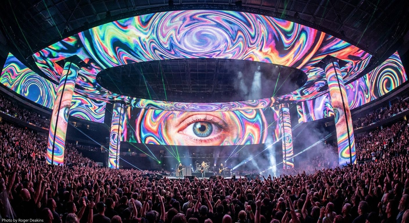 A band performs for a large crowd in an arena with immersive LED screens displaying a blue eye and colorful psychedelic patterns.