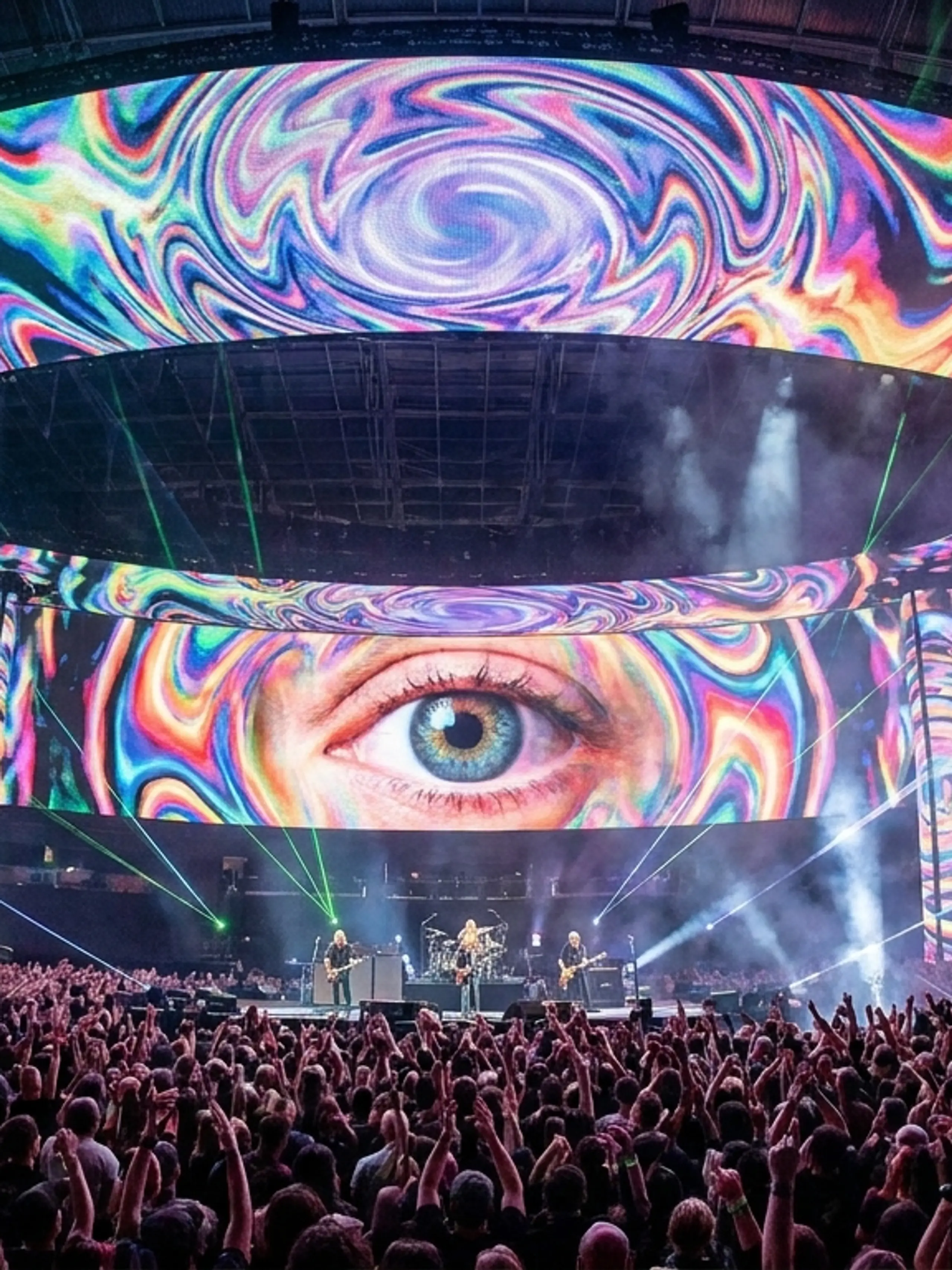 A band performs for a large crowd in an arena with immersive LED screens displaying a blue eye and colorful psychedelic patterns.