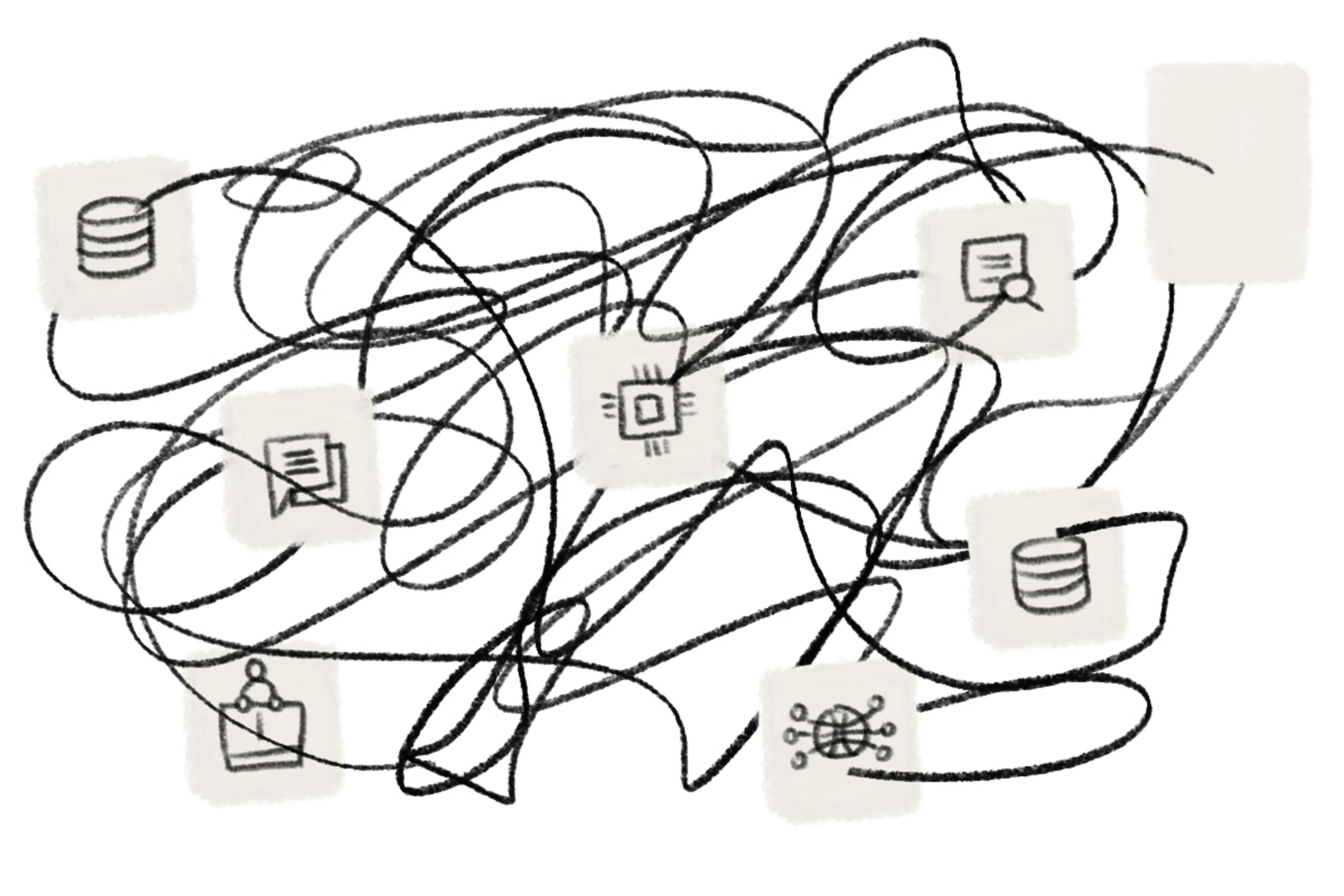 A sketch with icons that are connected with hand drawn lines