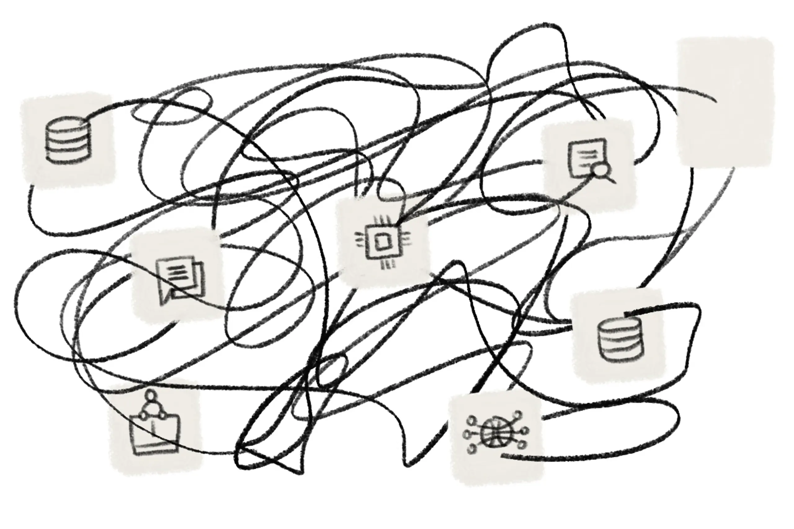 A sketch with icons that are connected with hand drawn lines