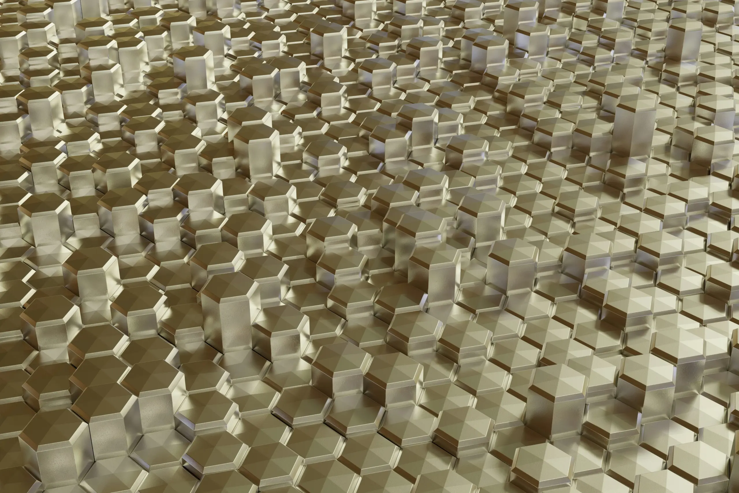 Abstract background of shiny golden hexagonal columns of varying heights.