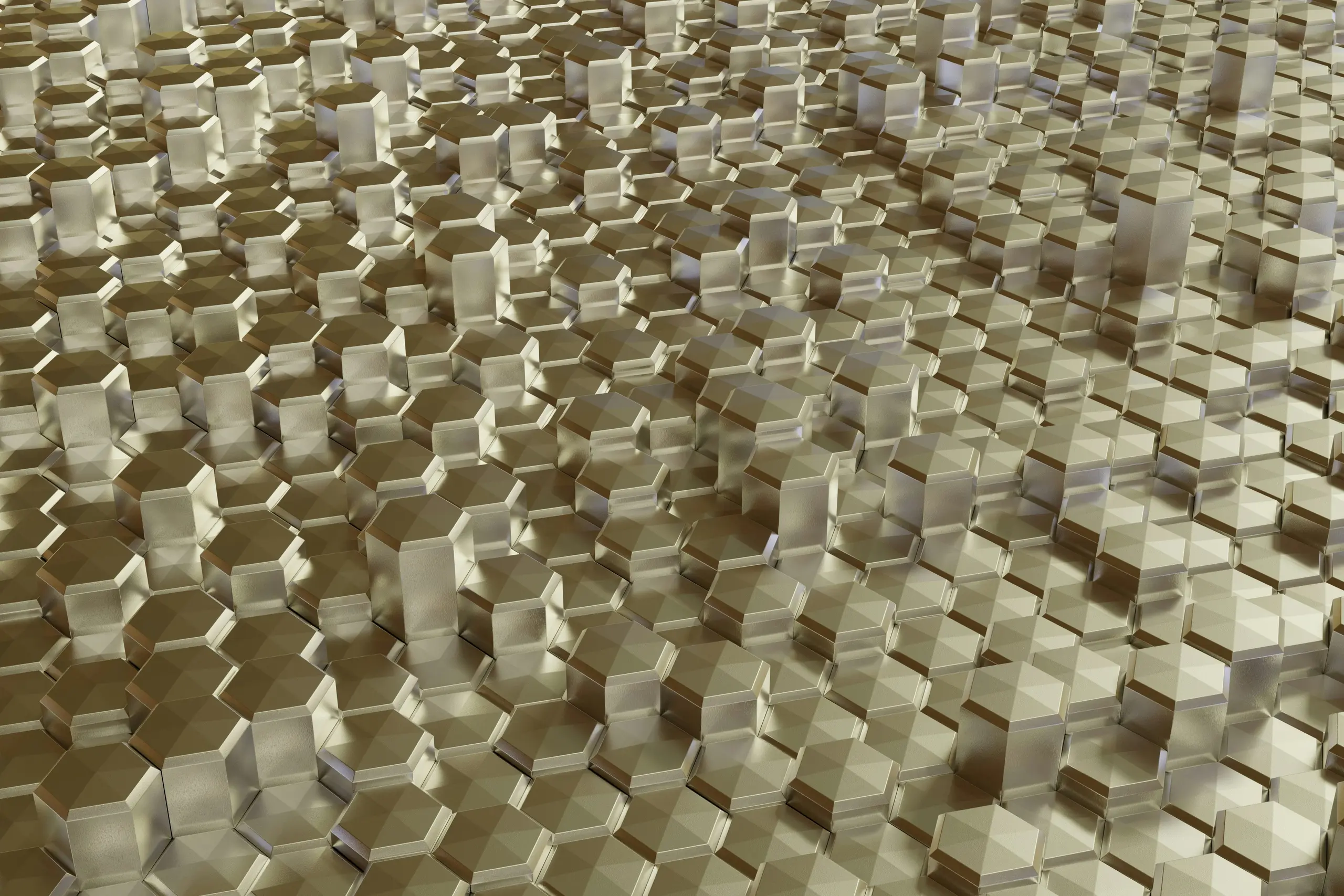 Abstract background of shiny golden hexagonal columns of varying heights.