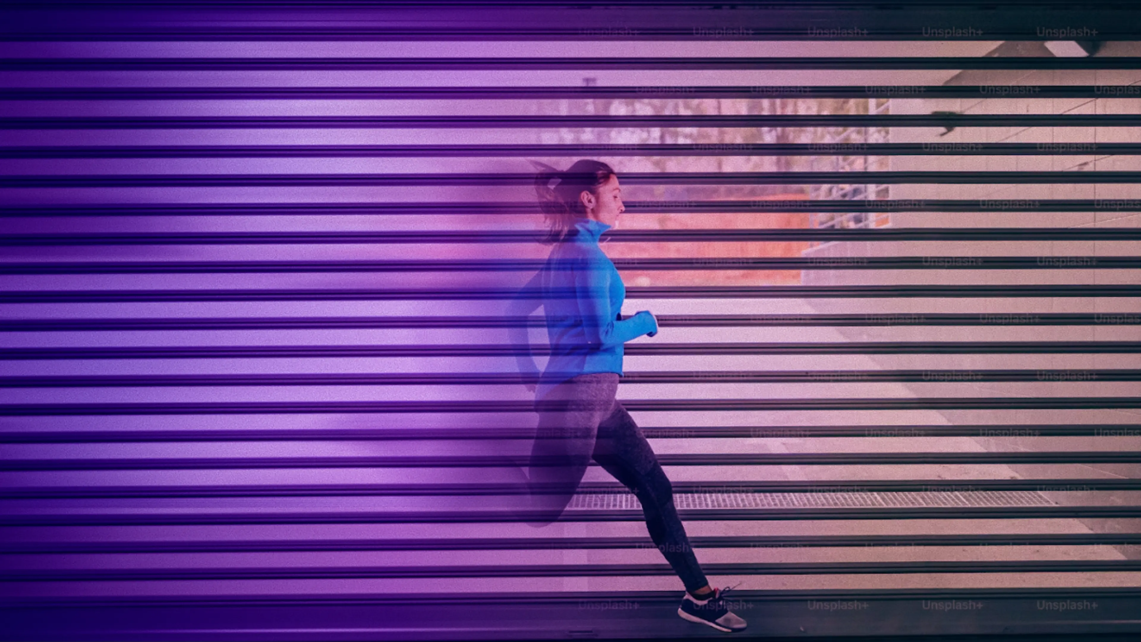 A woman running in profile with motion blur against a striped wall with a purple gradient.