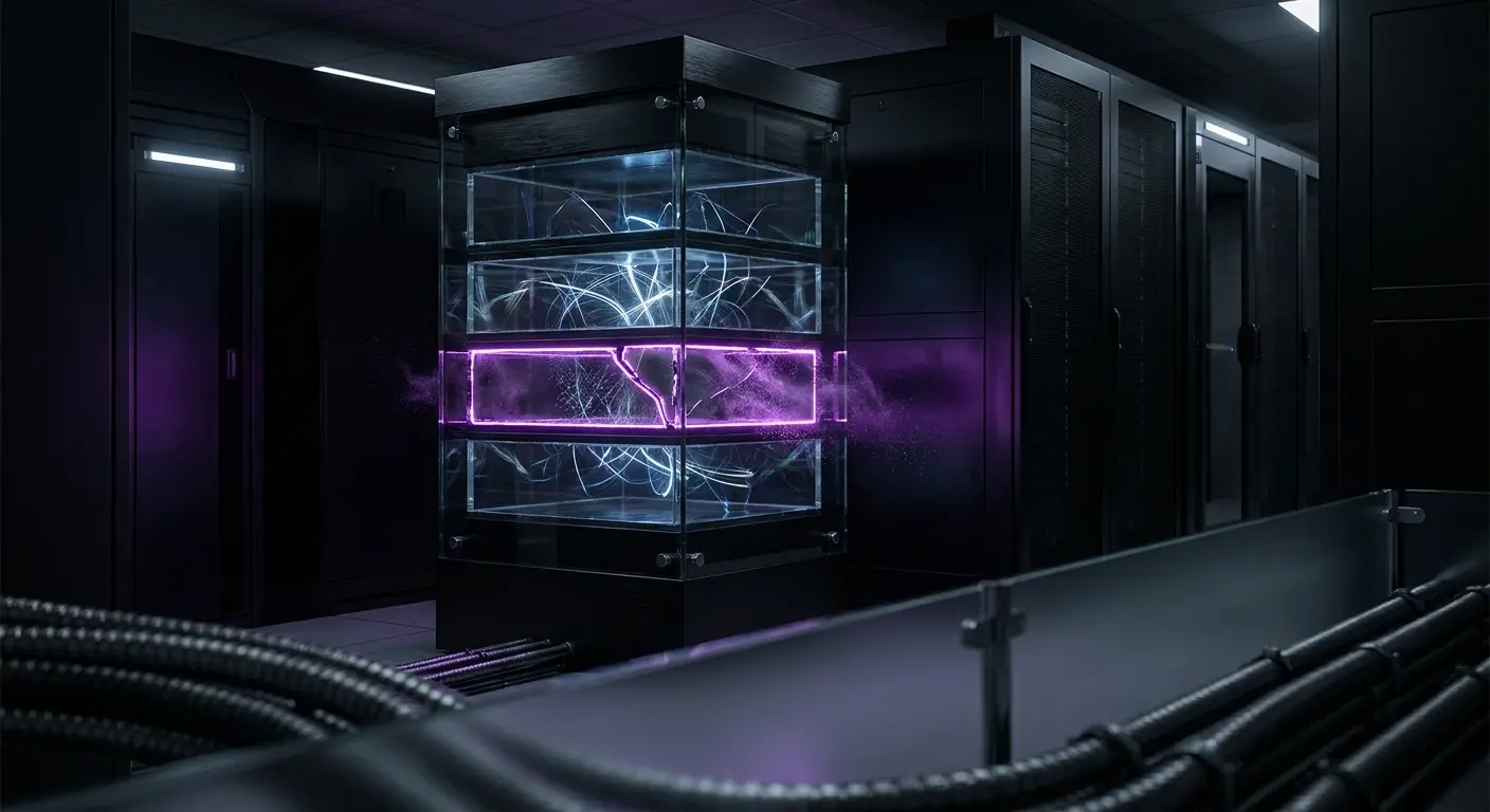 Dark server room with a glass display unit showing glowing blue and purple energy, surrounded by server racks.