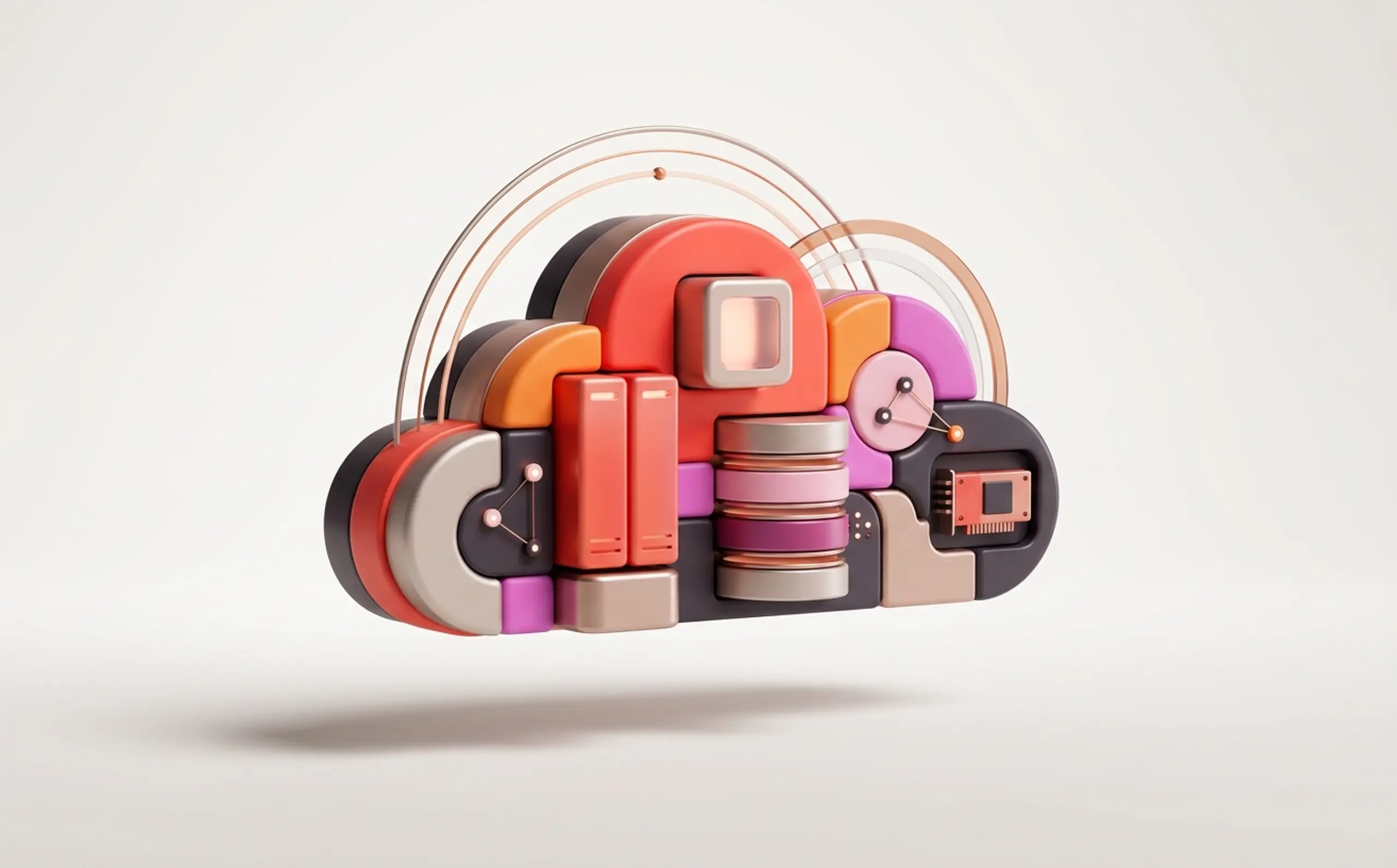 A colorful, stylized cloud assembled from server racks, storage units, and network components.