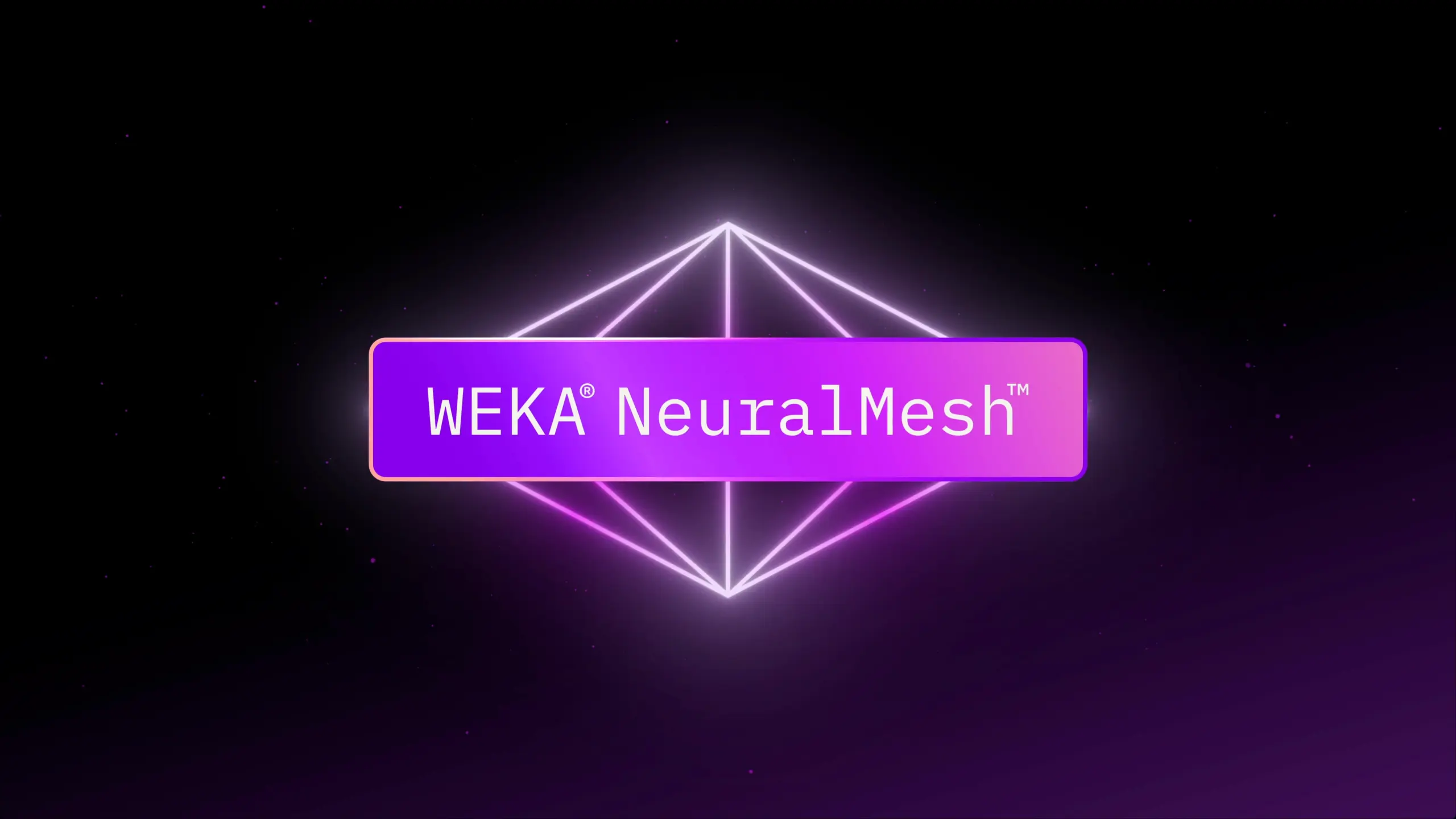 The text "WEKA® NeuralMesh™" on a purple banner, surrounded by a glowing pink geometric design, against a dark, starry background.