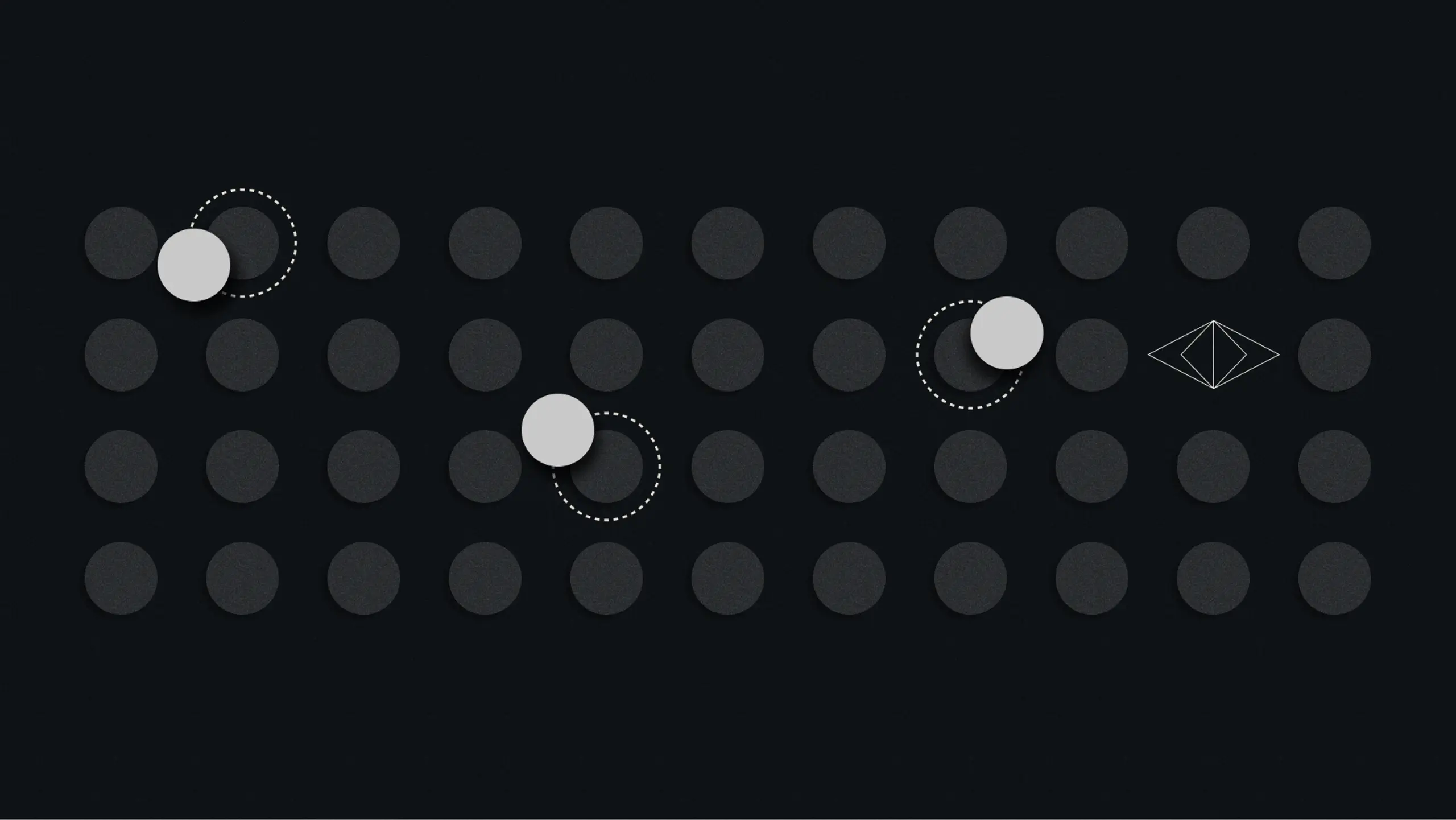 A dark grid of circles with three light grey circles highlighted by dotted outlines and a white geometric shape in the top right.